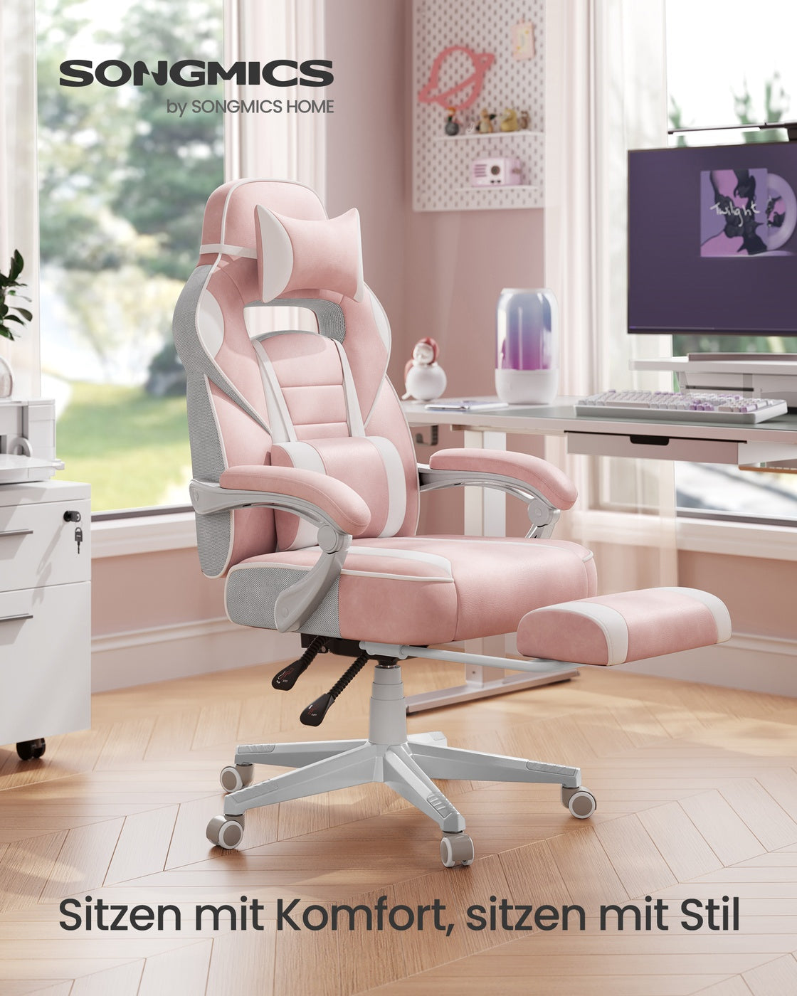 Gaming-Stuhl – Ergonomischer Gaming-Stuhl – Verstellbarer Bürostuhl – Kopfstütze und Fußstütze
