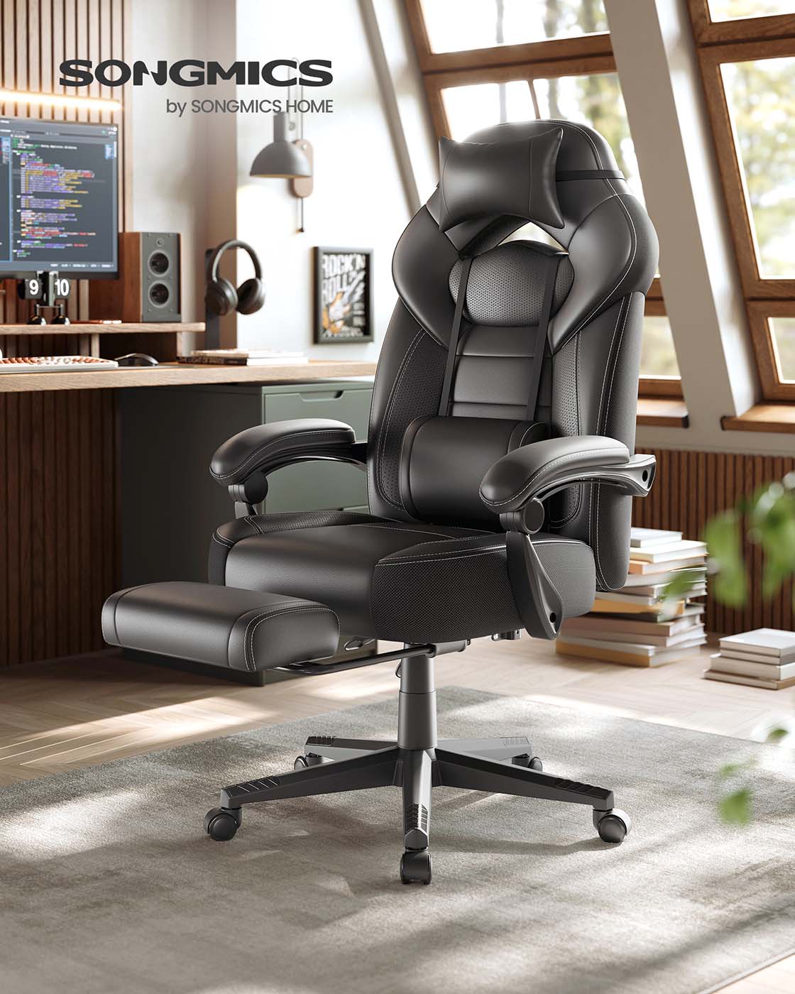 Gaming-Stuhl mit Fußstütze – ergonomisch – neigbar – extra dicke Sitzfläche – höhenverstellbar