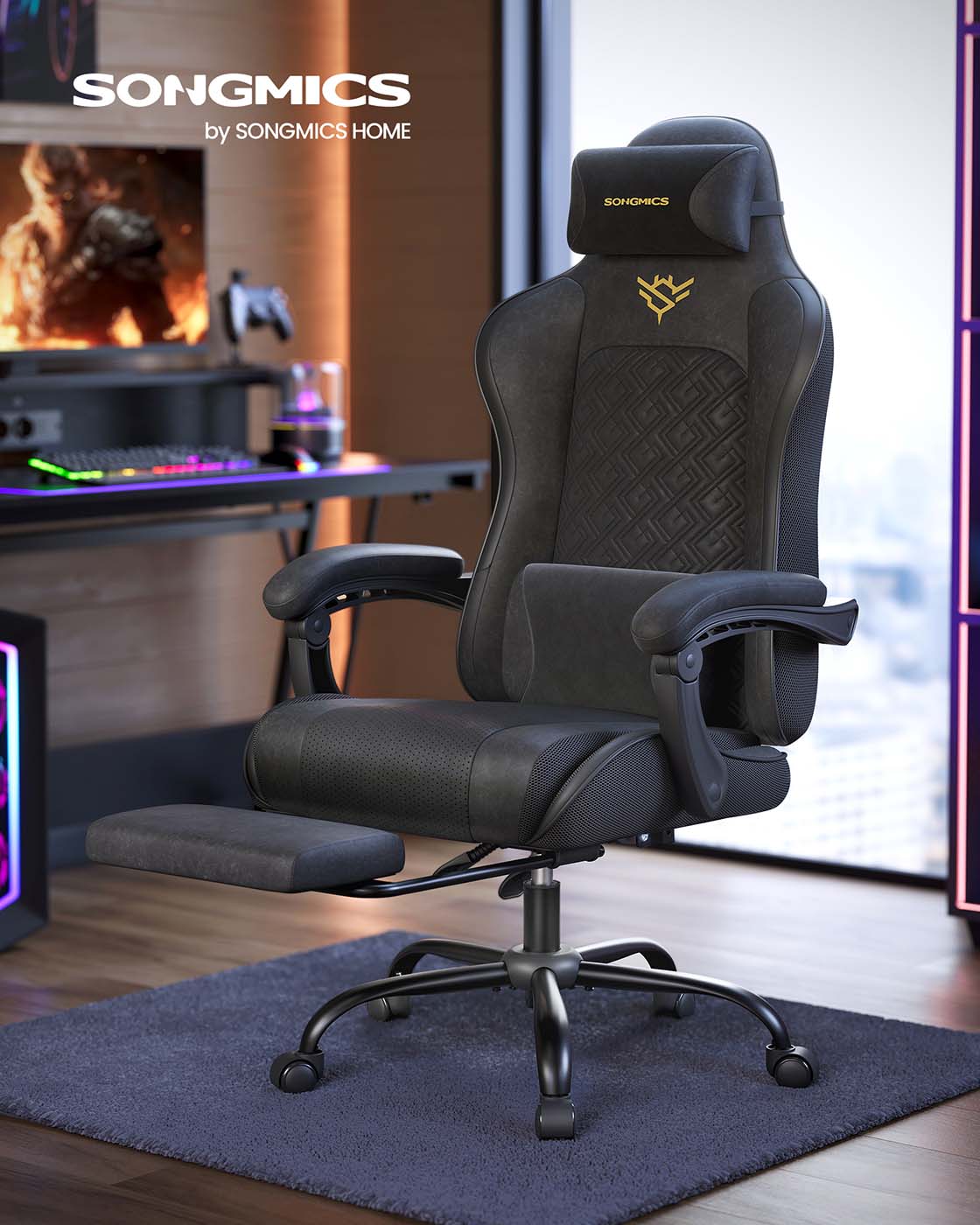Gaming-Stuhl – Ergonomischer Bürostuhl mit Fußstütze und Synchronmechanismus – Vollständig verstellbar