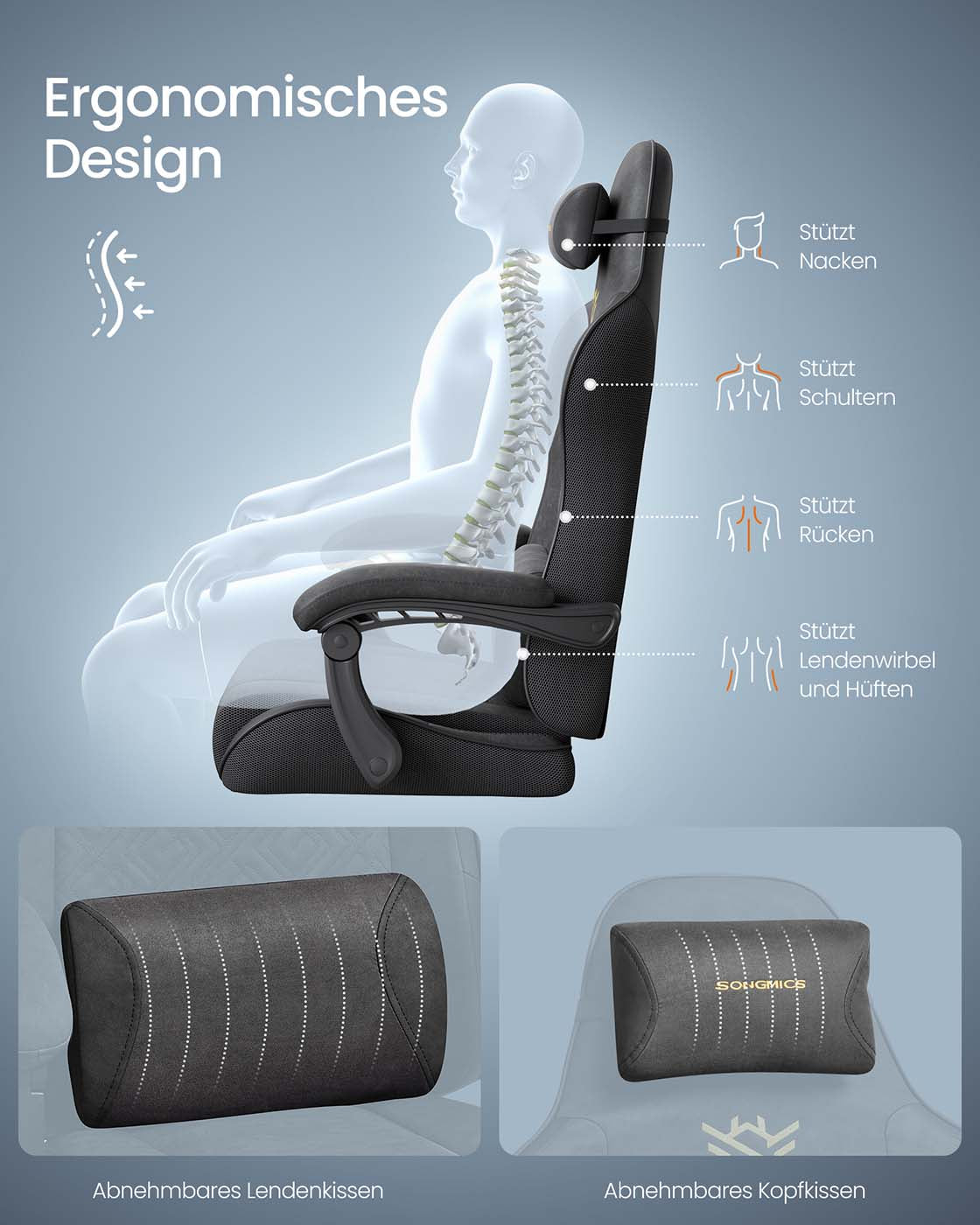 Gaming-Stuhl – Ergonomischer Bürostuhl mit Fußstütze und Synchronmechanismus – Vollständig verstellbar