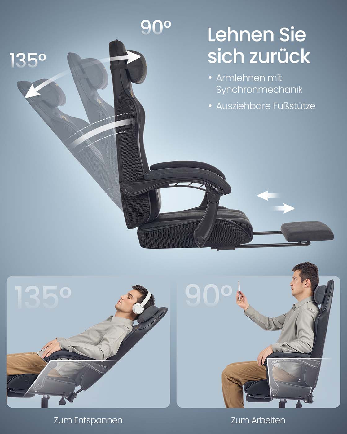 Gaming-Stuhl – Ergonomischer Bürostuhl mit Fußstütze und Synchronmechanismus – Vollständig verstellbar