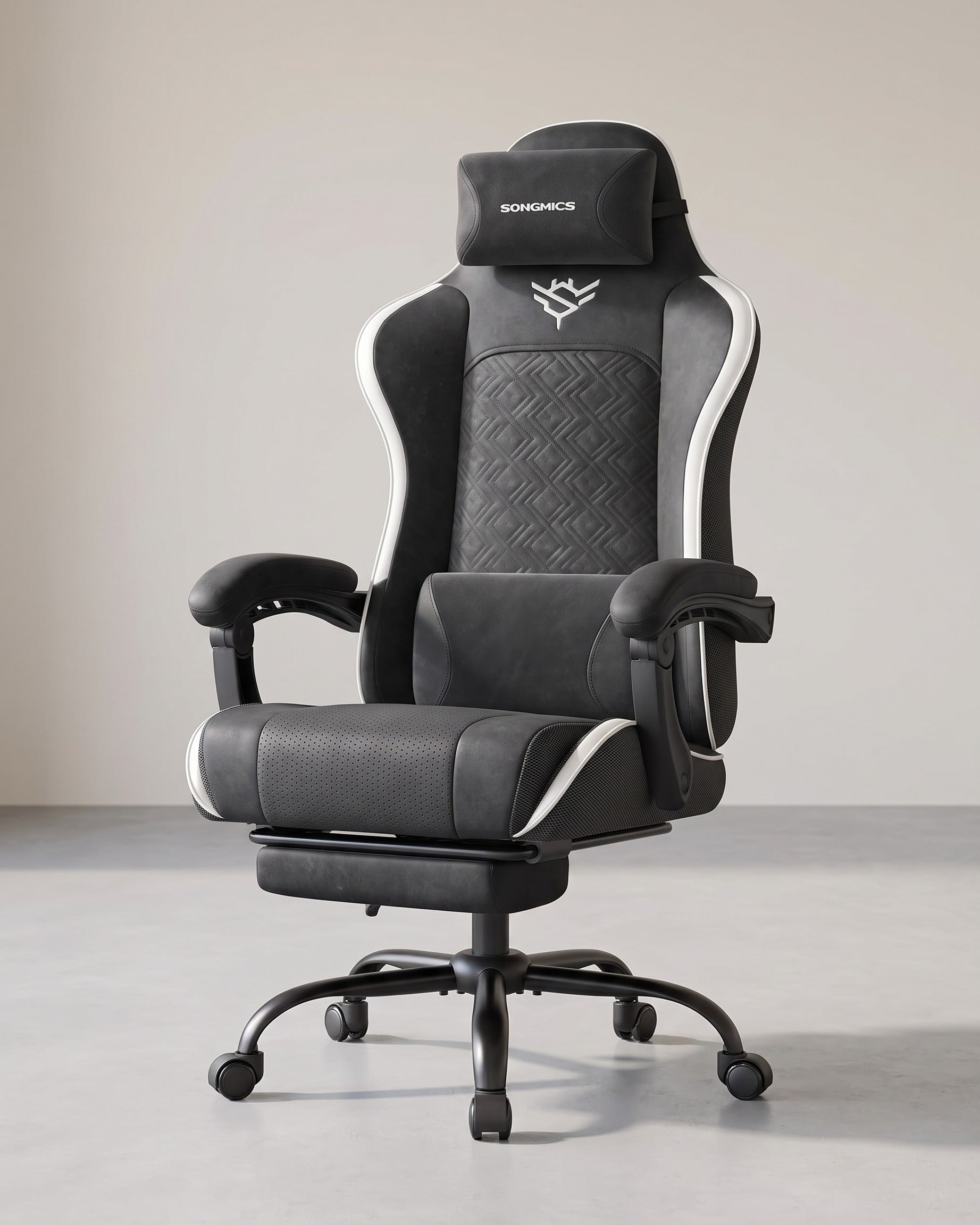 Gaming-Stuhl – Ergonomischer Bürostuhl mit Fußstütze und Synchronmechanismus – Vollständig verstellbar – Schwarz-Weiß