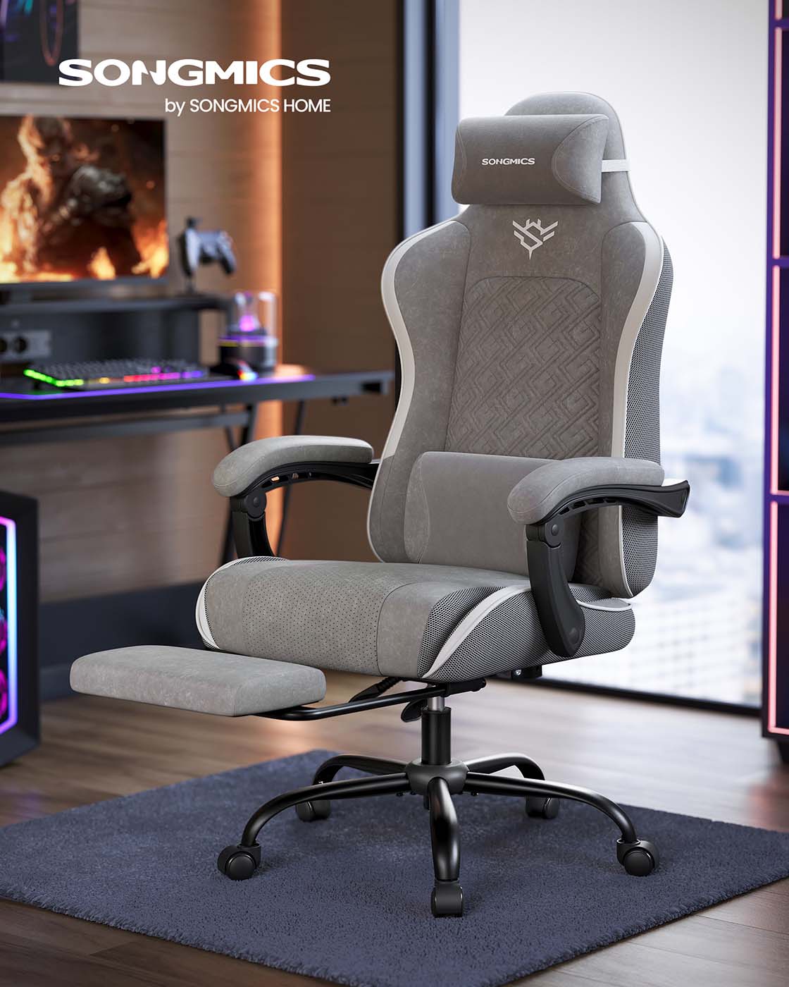 Gaming-Stuhl – Ergonomischer Bürostuhl mit Fußstütze und Synchronmechanismus – Vollständig verstellbar