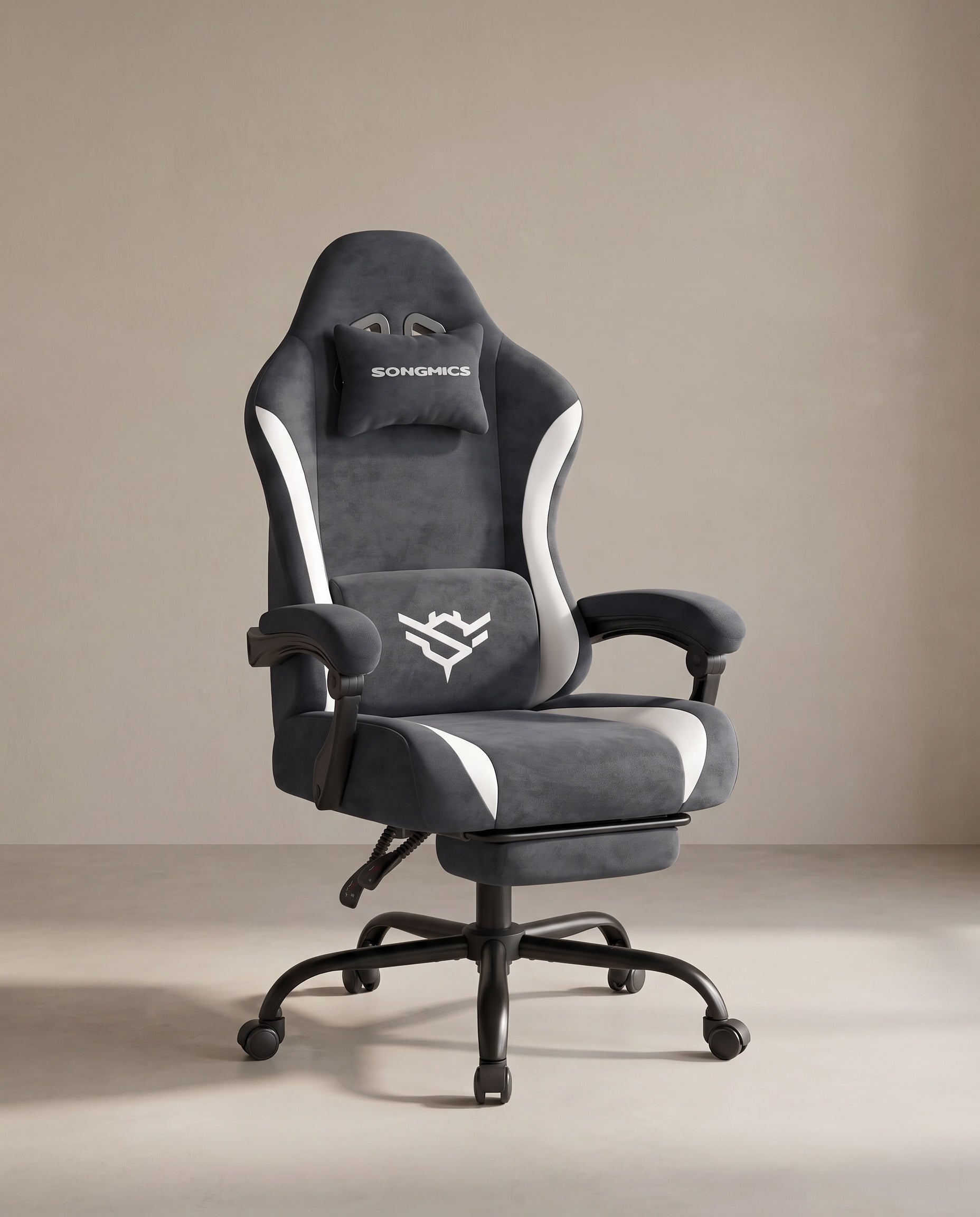 Gaming-Stuhl mit Fußstütze aus Kunstwildleder in Grau-Weiß
