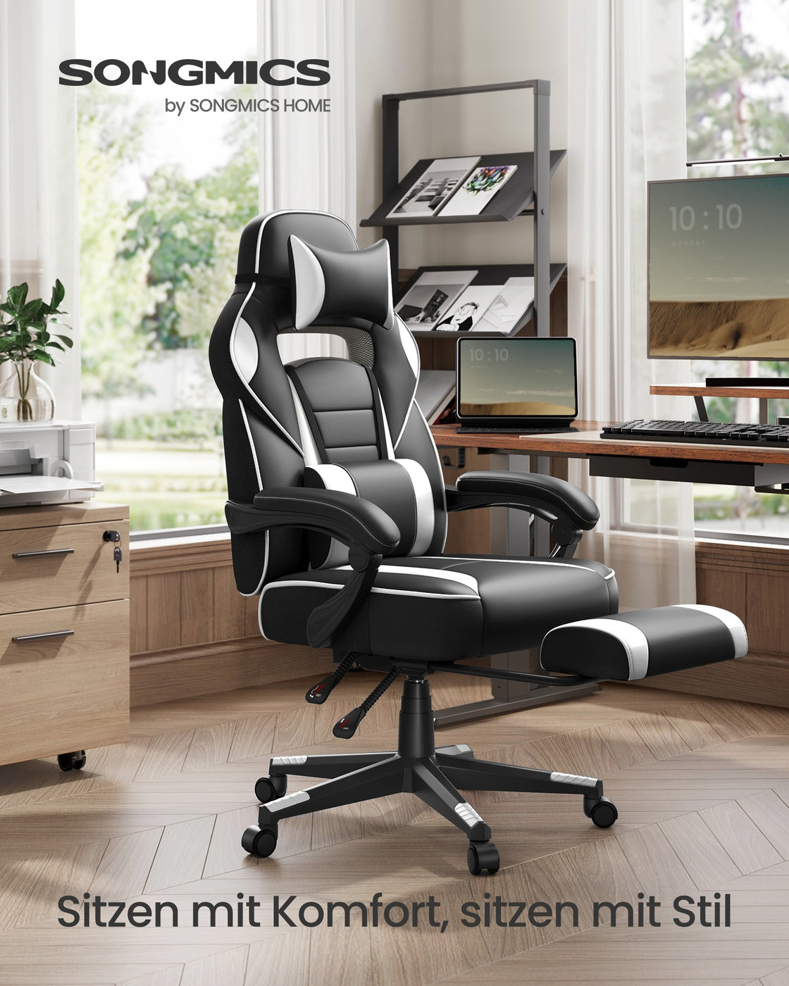 Gaming-Stuhl – Ergonomischer Gaming-Stuhl – Verstellbarer Bürostuhl – Kopfstütze und Fußstütze