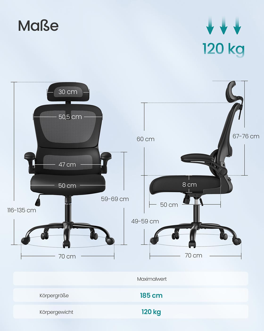 Ergonomischer Bürostuhl – Verstellbare Lordosenstütze – Netzrückenlehne – Neigbare Rückenlehne und Kopfstütze
