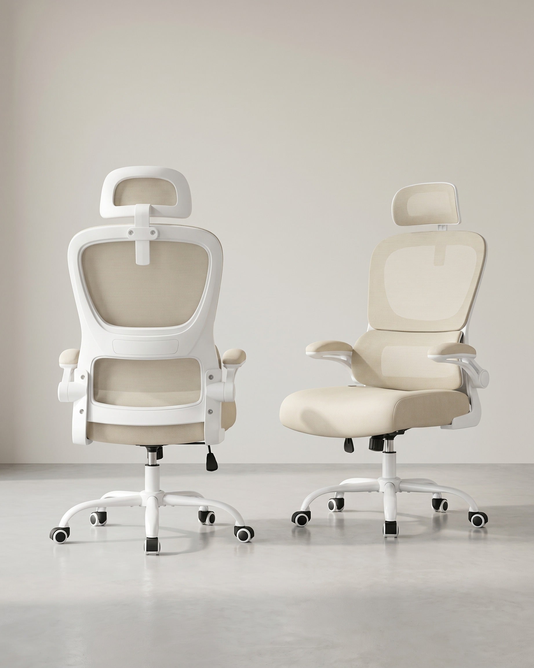 Ergonomischer Bürostuhl – Verstellbare Lordosenstütze – Netzrückenlehne – Neigbare Rückenlehne und Kopfstütze – Beige