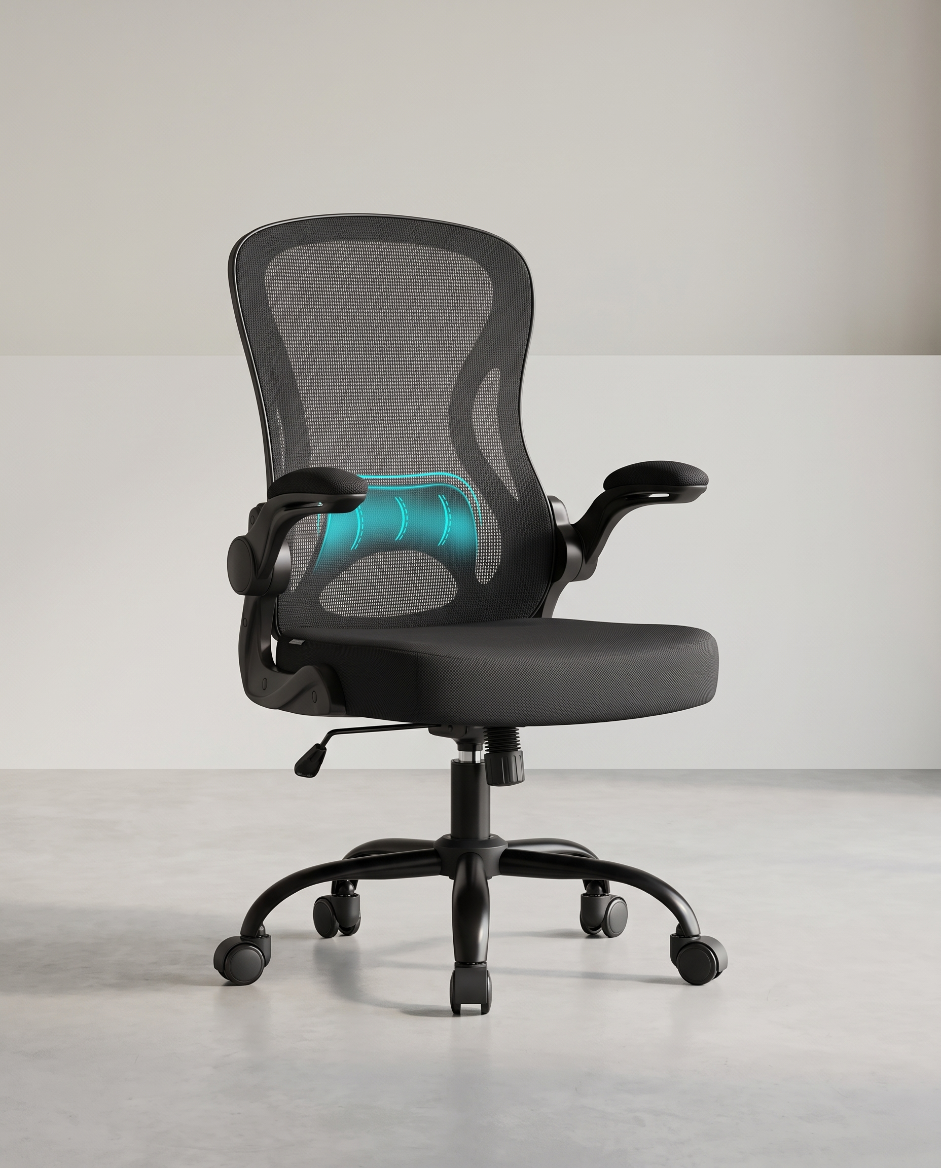 Ergonomischer Bürostuhl – Höhenverstellbar – Klappbare Armlehnen – Atmungsaktives Netzgewebe – Schwarz