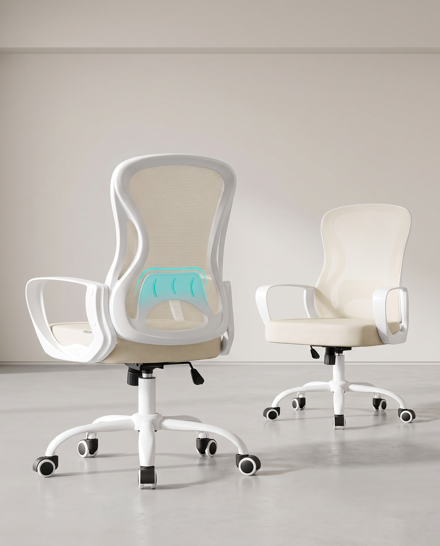 Ergonomischer Bürostuhl – Höhenverstellbar – Klappbare Armlehnen – Atmungsaktives Netzgewebe – Beige