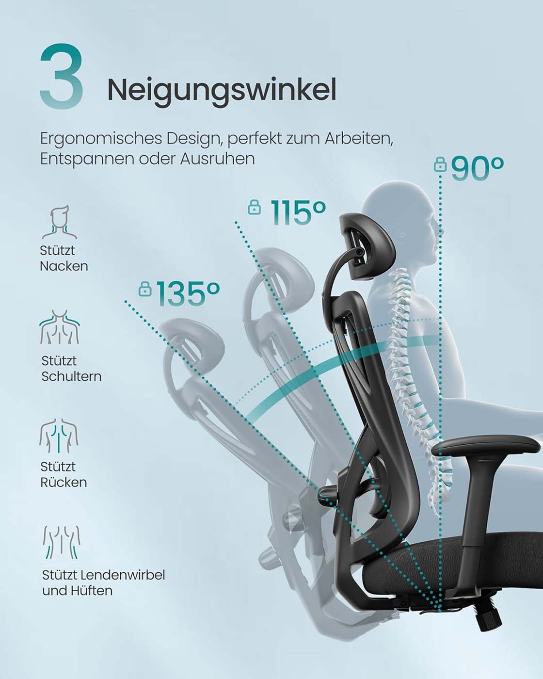 Ergonomischer Bürostuhl – Verstellbare Rücken- und Armlehne – Verstellbare Kopfstütze – 150 kg Tragkraft