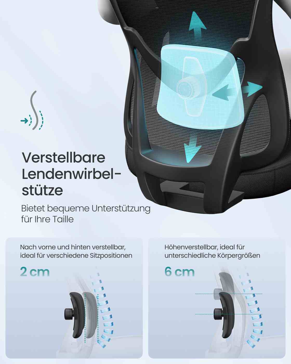 Ergonomischer Bürostuhl – Verstellbare Lendenwirbelstütze – Atmungsaktives Netzgewebe – Neigungsfunktion – Belastbarkeit 150 kg