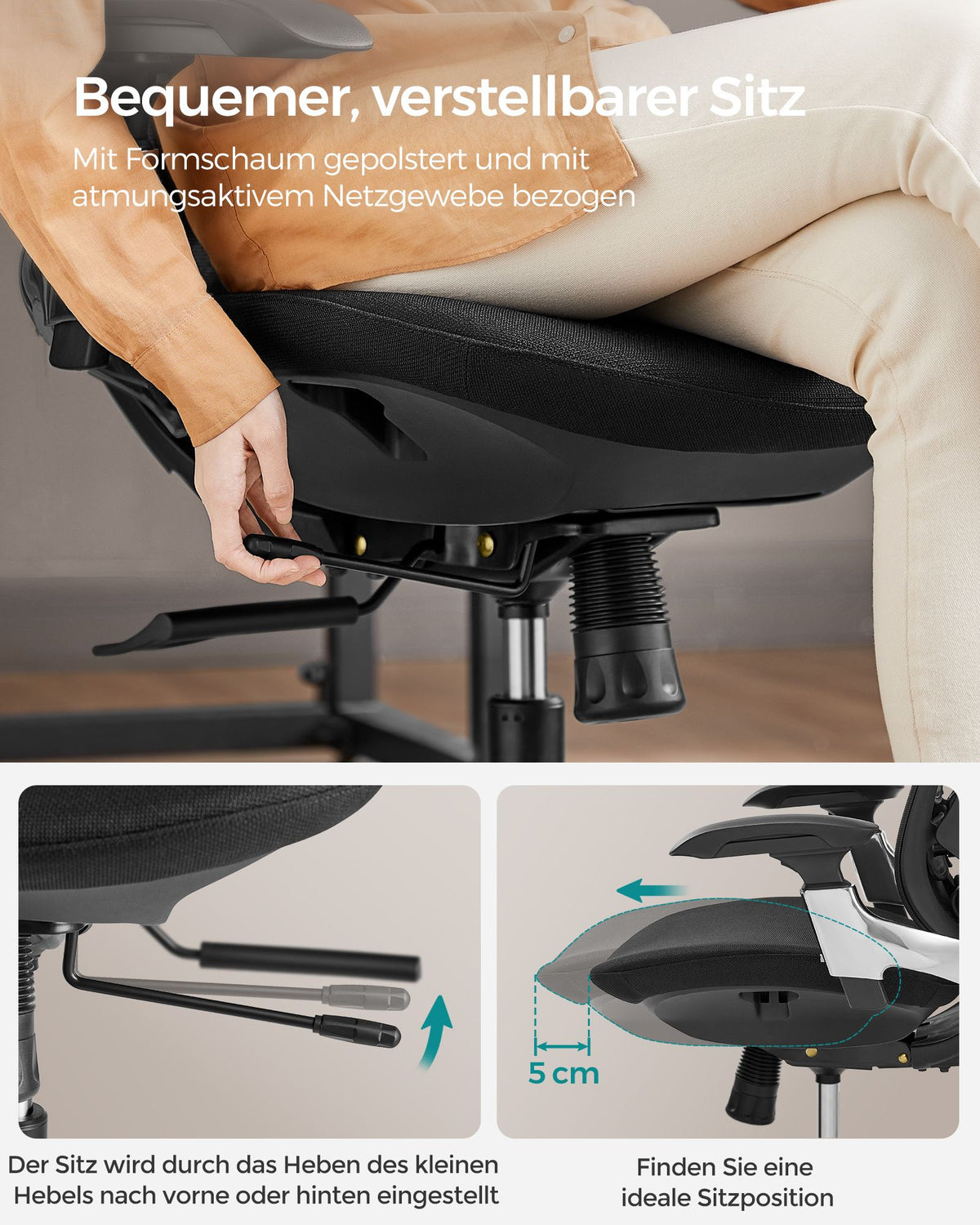Ergonomischer Bürostuhl Ergo Elite 2.0 – stufenlos verstellbar – 6-teilige TPR-Lendenwirbelstütze – Tragkraft bis 150 kg