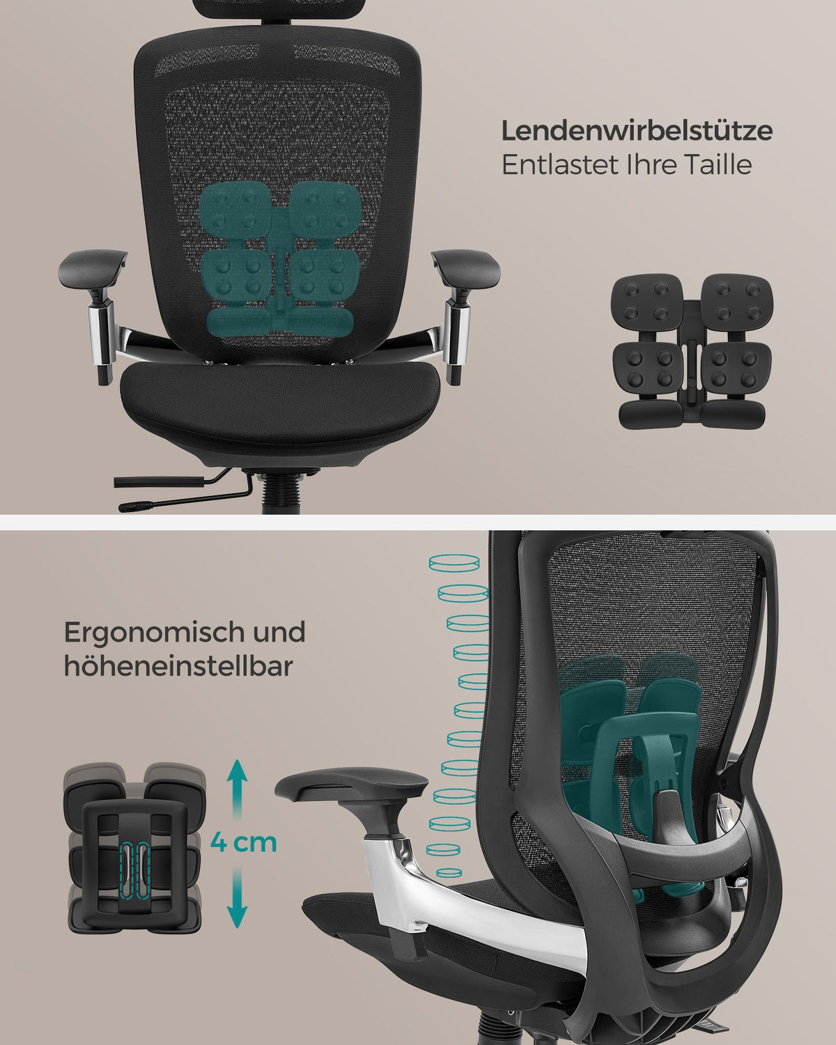 Ergonomischer Bürostuhl Ergo Elite 2.0 – stufenlos verstellbar – 6-teilige TPR-Lendenwirbelstütze – Tragkraft bis 150 kg