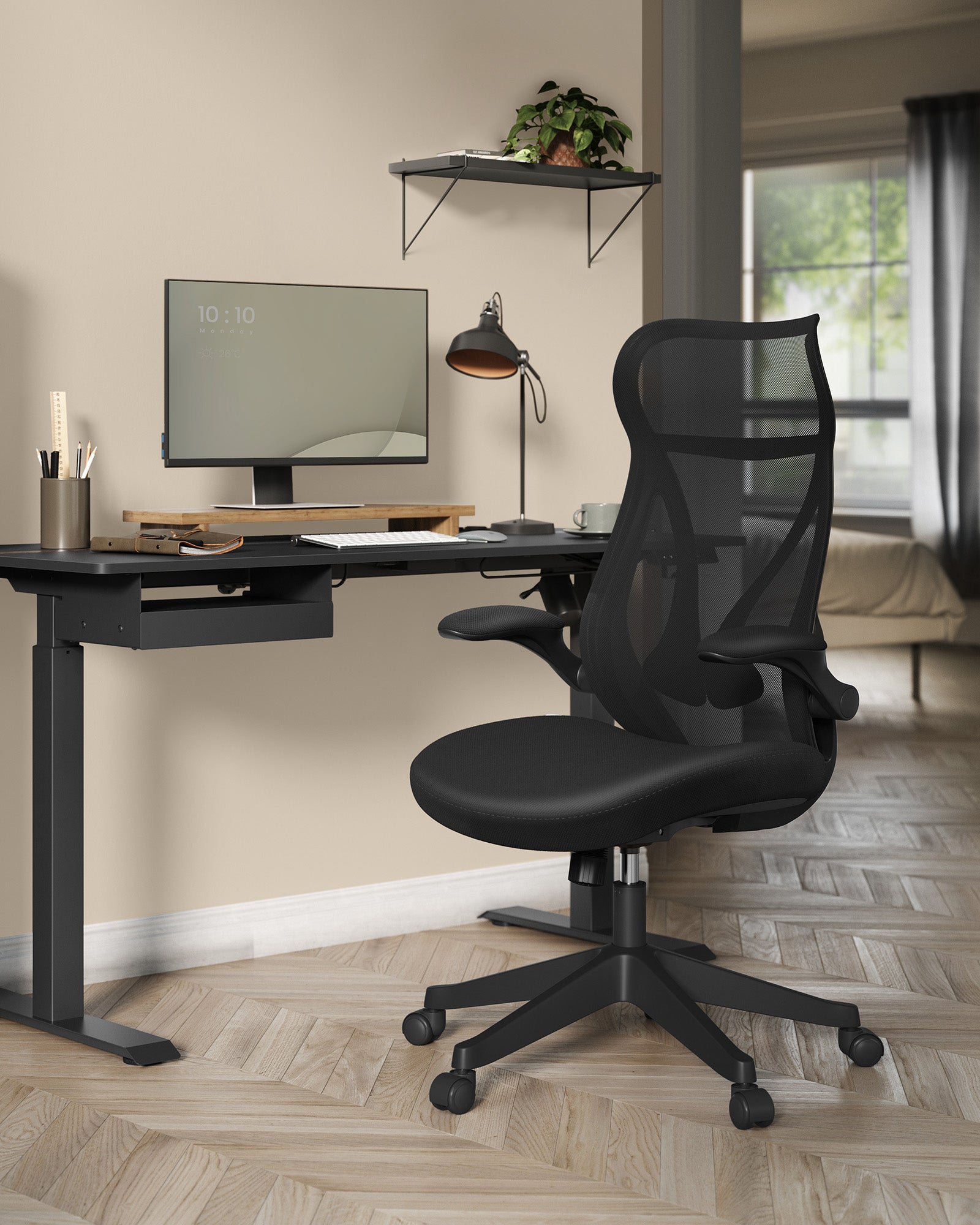 Ergonomischer Bürostuhl – Mit Kopfstütze, Lordosenstütze und klappbaren Armlehnen – S-förmige Rückenlehne – Bis 150 kg belastbar