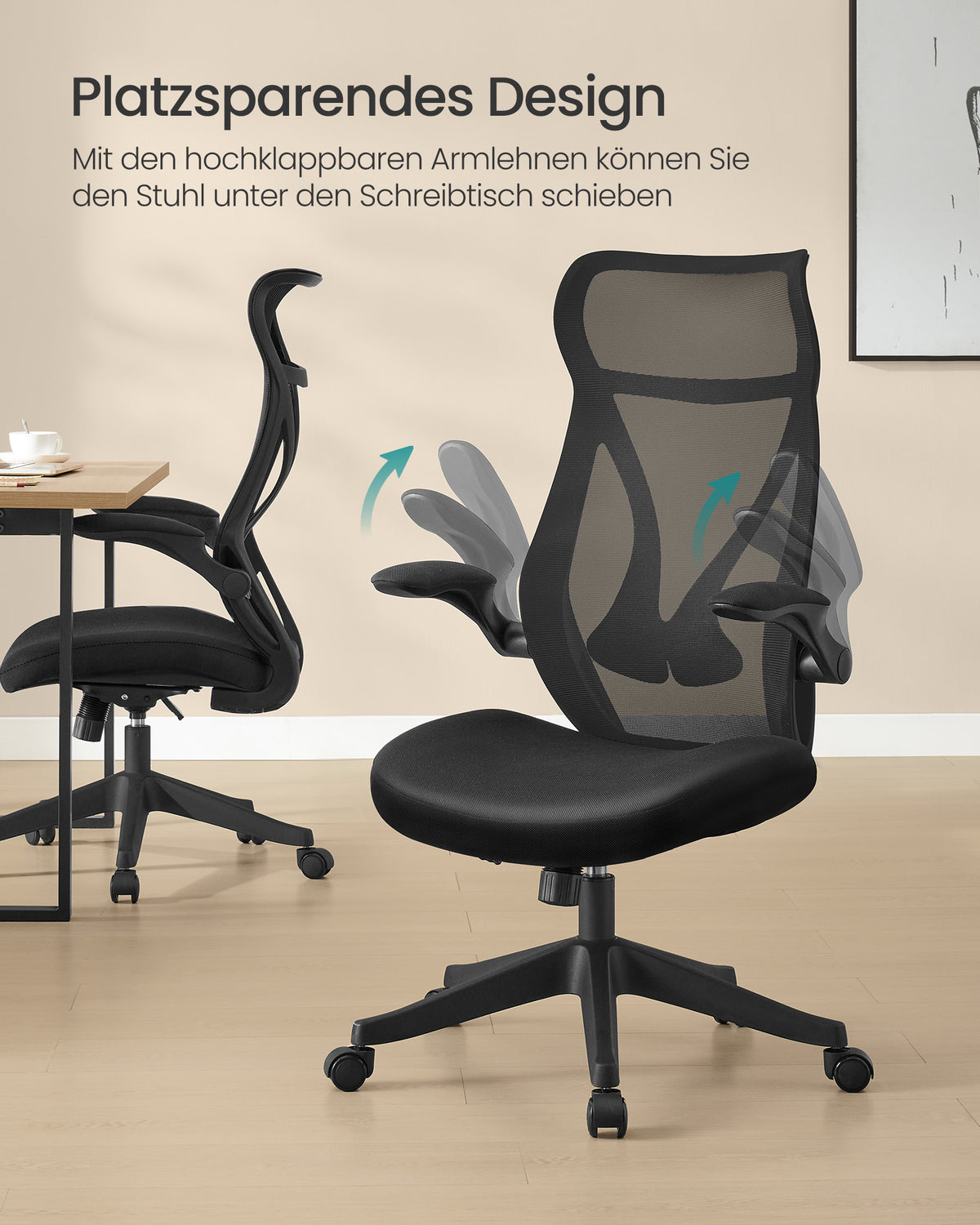 Ergonomischer Bürostuhl – Mit Kopfstütze, Lordosenstütze und klappbaren Armlehnen – S-förmige Rückenlehne – Bis 150 kg belastbar
