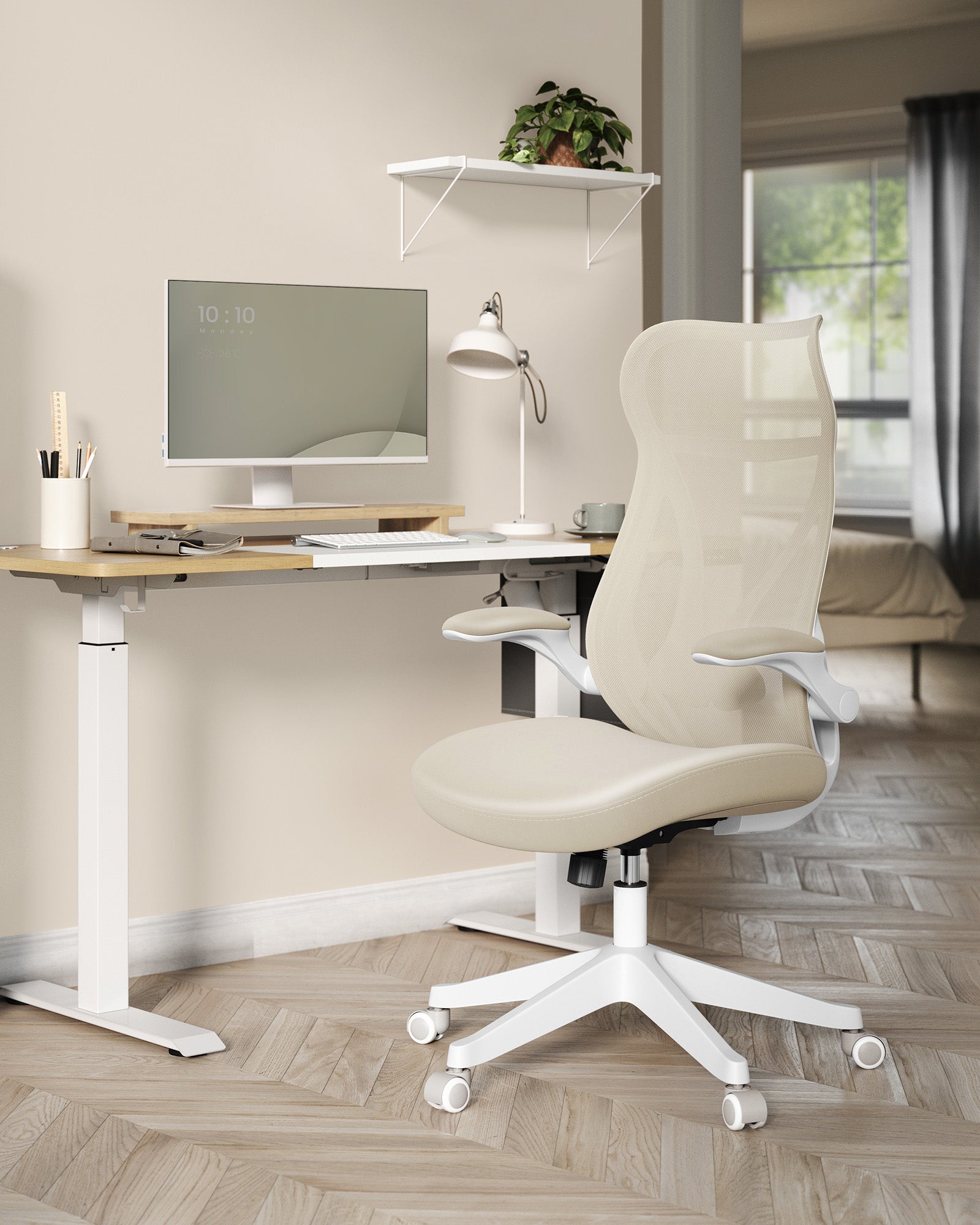 Ergonomischer Bürostuhl – Mit Kopfstütze, Lordosenstütze und klappbaren Armlehnen – S-förmige Rückenlehne – Bis 150 kg belastbar