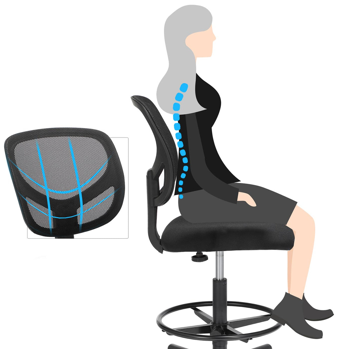 Ergonomischer Bürostuhl hoch – mit verstellbarer Fußstütze – ohne Armlehnen