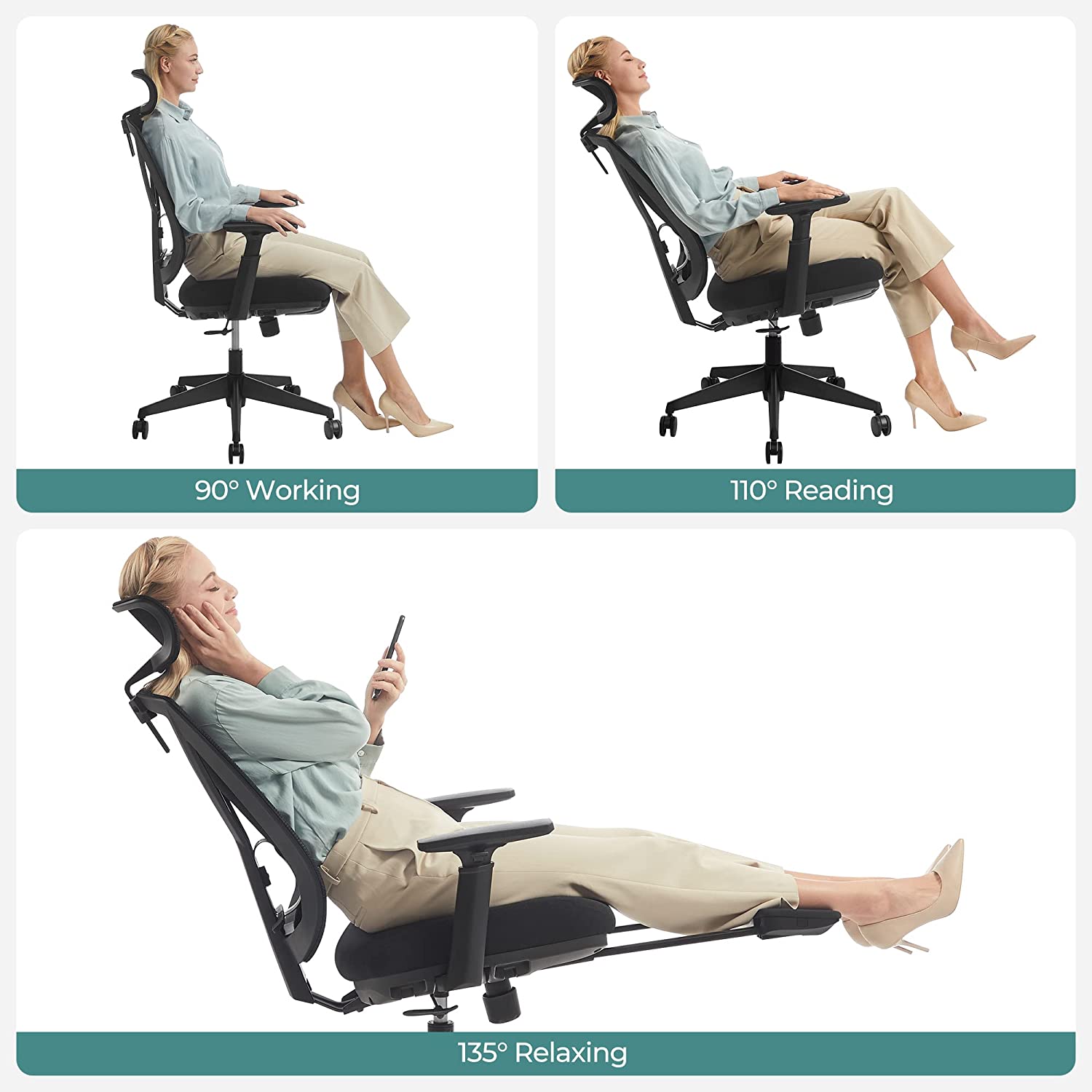 Ergonomischer Bürostuhl mit Fußstütze – Netzrückenlehne – verstellbare Lordosenstütze und Kopfstütze – 150 kg belastbar