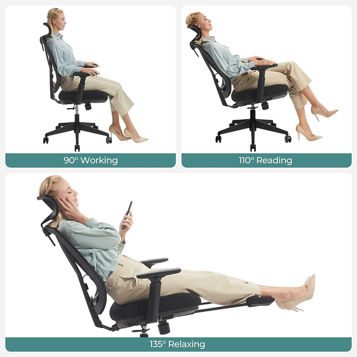 Ergonomischer Bürostuhl mit Fußstütze – Netzrückenlehne – verstellbare Lordosenstütze und Kopfstütze – 150 kg belastbar