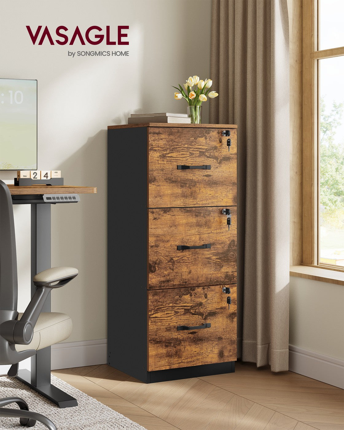 Aktenschrank schmal – mit 3 Schubladen und Schloss – platzsparend – für das Homeoffice
