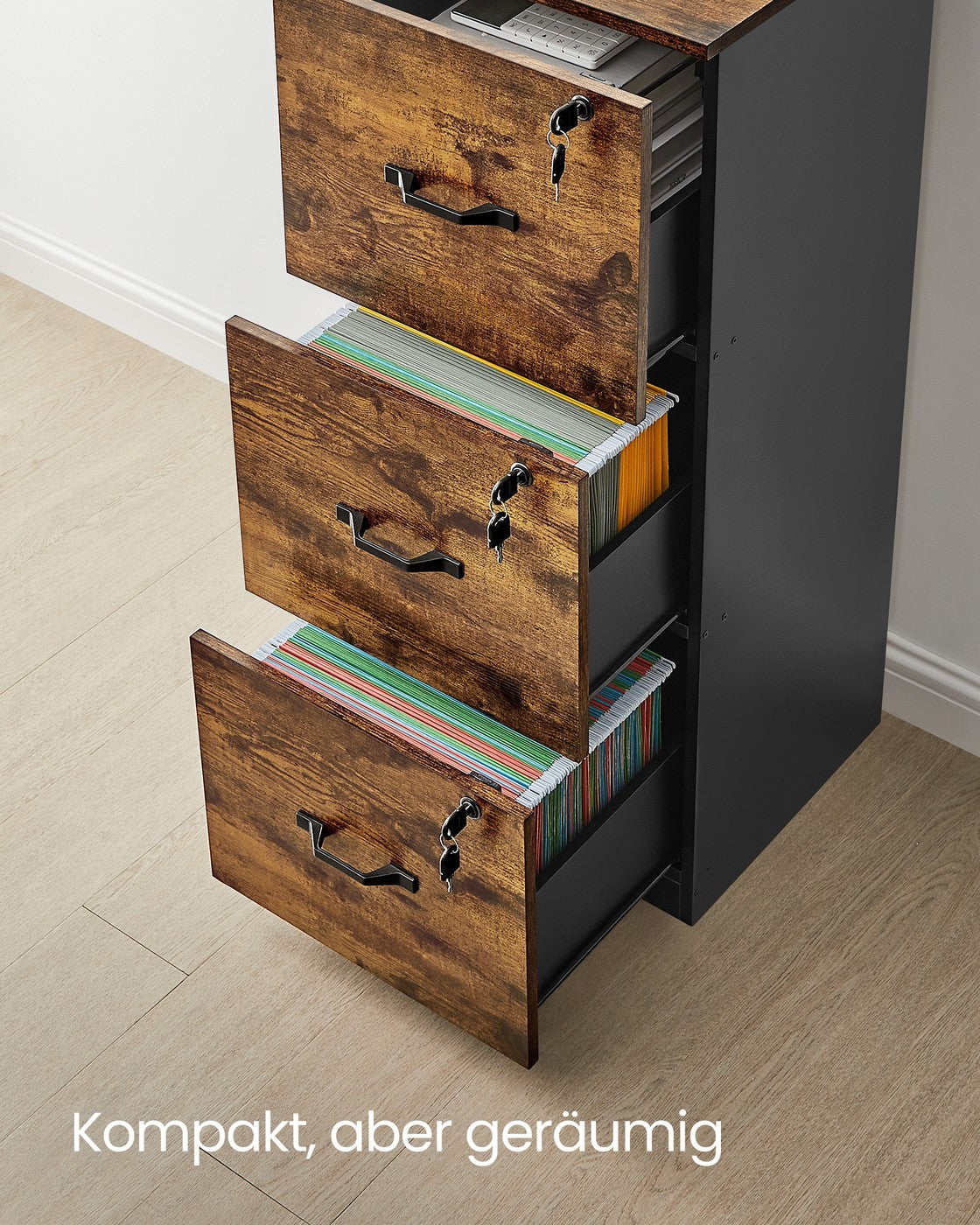Aktenschrank schmal – mit 3 Schubladen und Schloss – platzsparend – für das Homeoffice