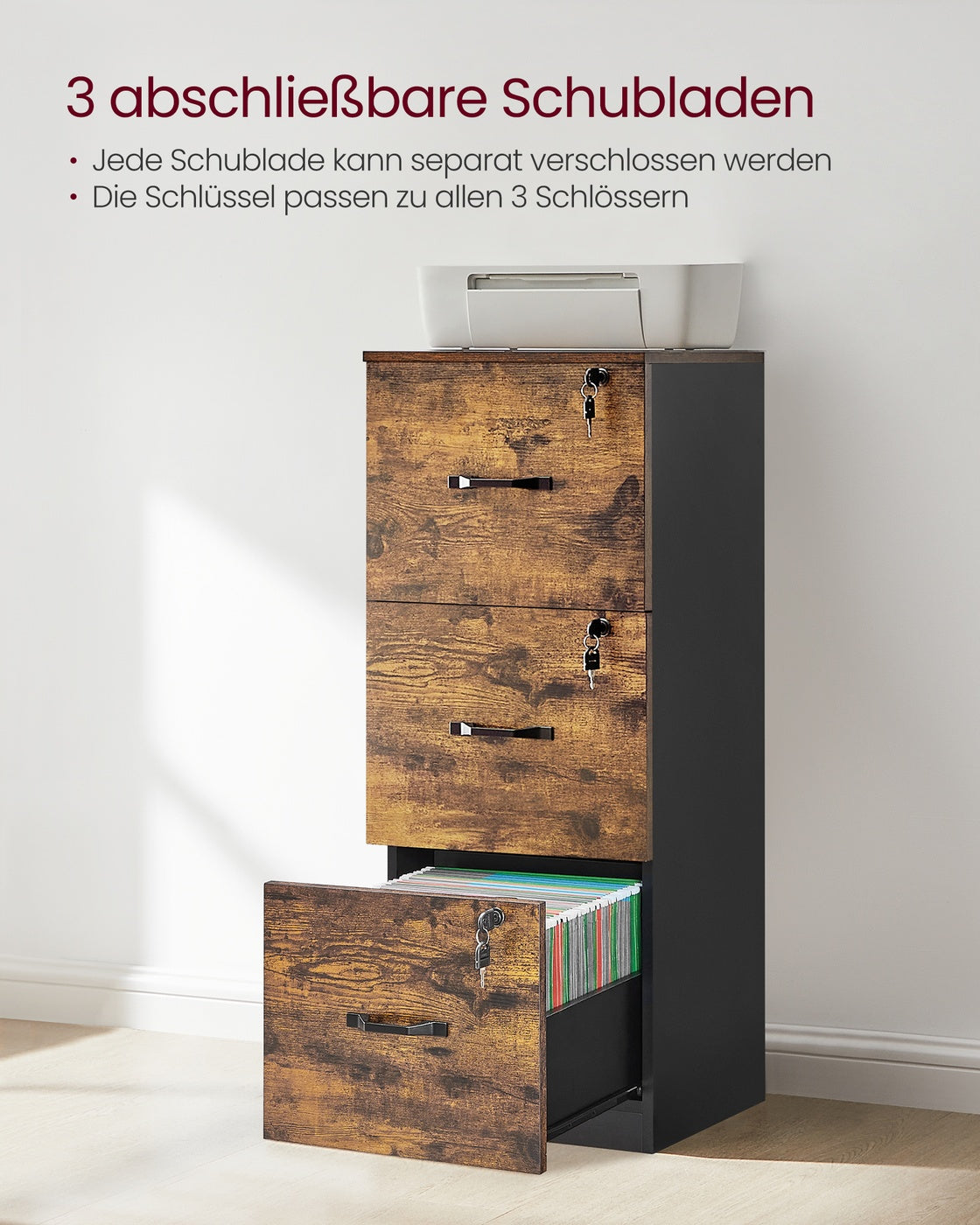 Aktenschrank schmal – mit 3 Schubladen und Schloss – platzsparend – für das Homeoffice