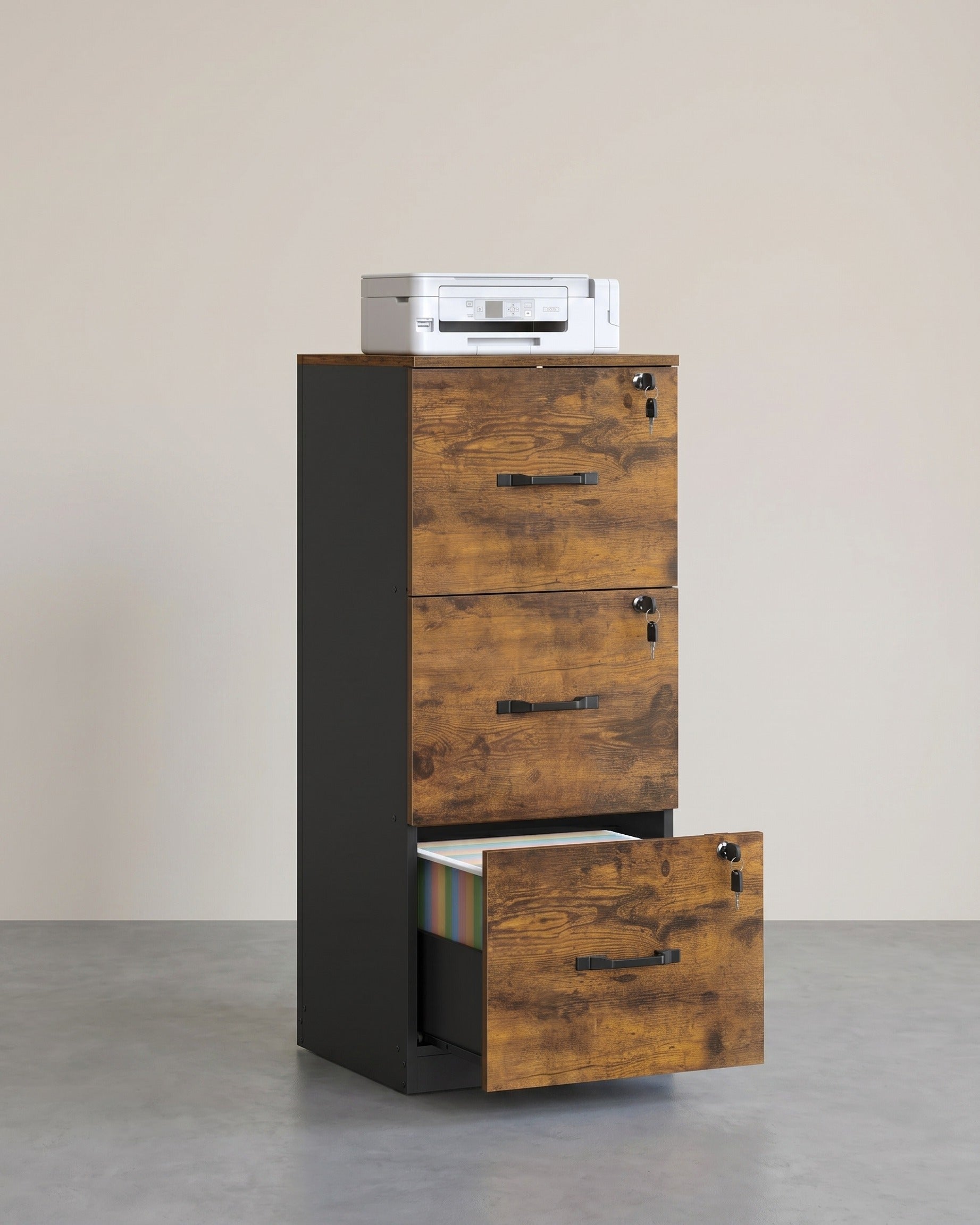 Schmaler Aktenschrank mit 3 Schubladen und Schloss – Platzsparender Aufbewahrungsschrank fürs Homeoffice – Braun