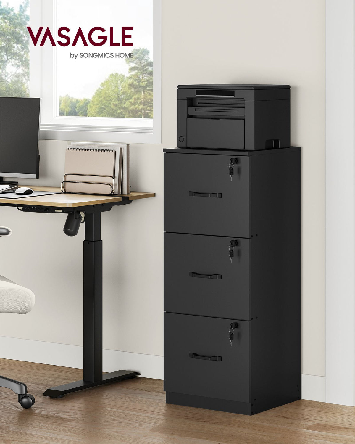 Aktenschrank schmal – mit 3 Schubladen und Schloss – platzsparend – für das Homeoffice