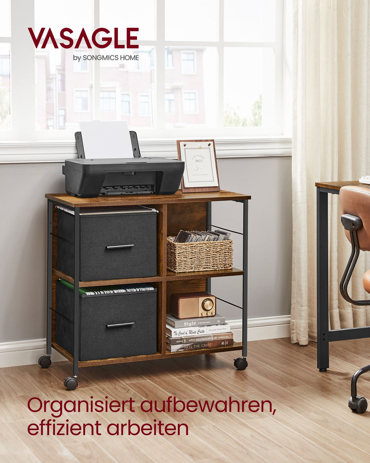 Rollschrank – Büroschrank mit 2 Stoffschubladen und offenen Fächern – Industriestil