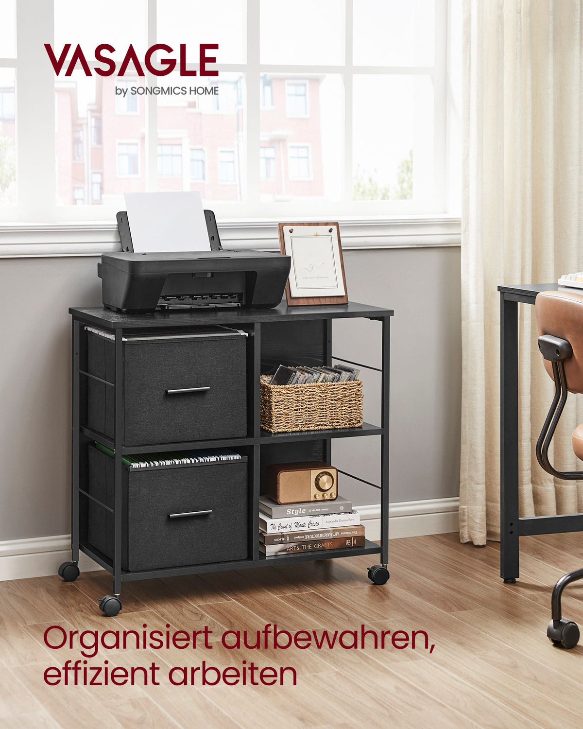 Rollschrank – Büroschrank mit 2 Stoffschubladen und offenen Fächern – Industriestil