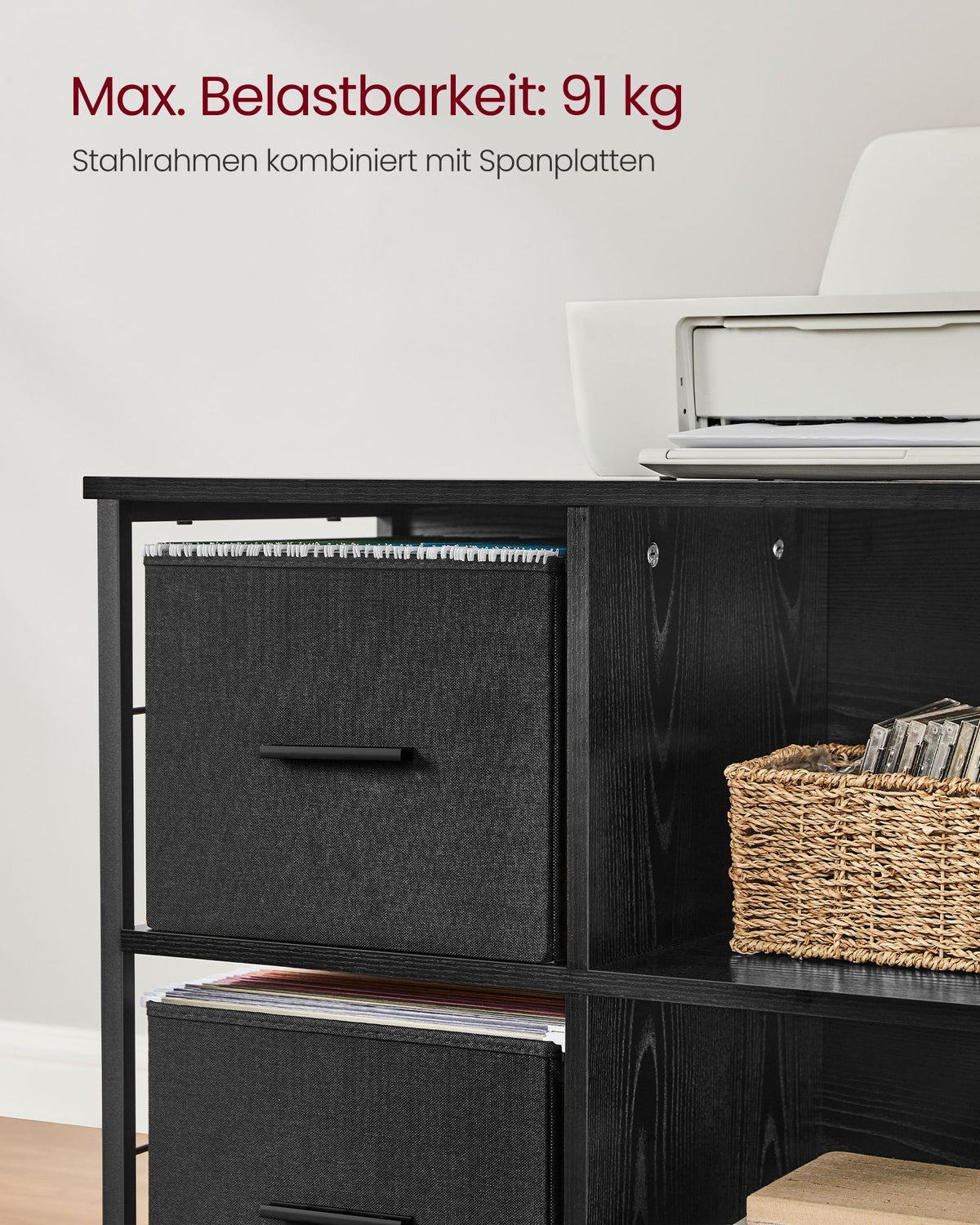 Rollschrank – Büroschrank mit 2 Stoffschubladen und offenen Fächern – Industriestil