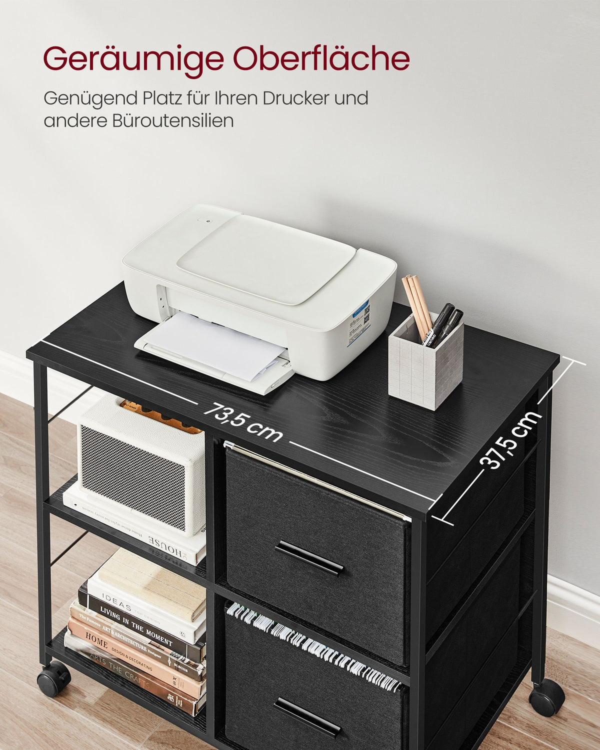 Rollschrank – Büroschrank mit 2 Stoffschubladen und offenen Fächern – Industriestil
