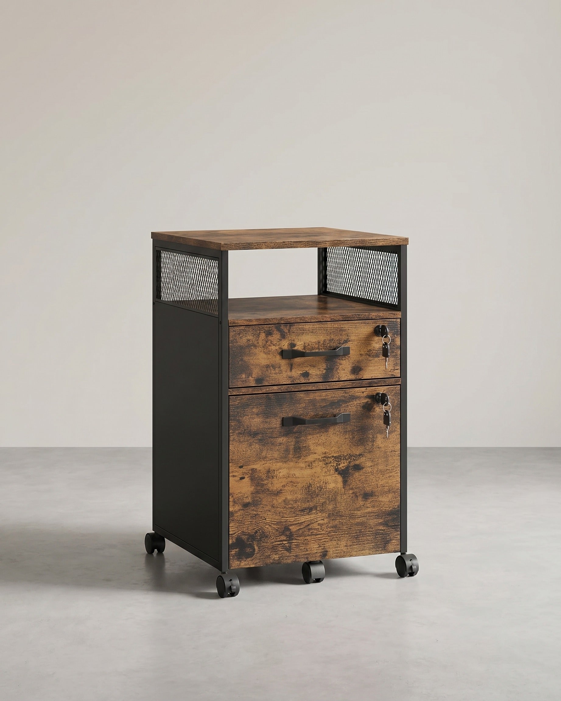 Rollcontainer mit Schubladen – Industriedesign – Hängeregistraturauszug – 69 cm hoch – auf Rollen – bis 60 kg belastbar – Braun