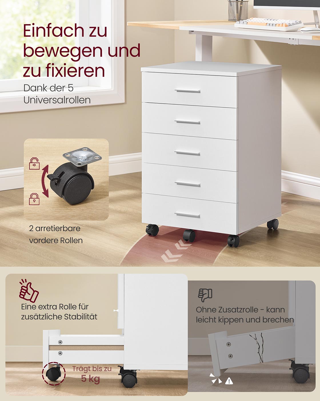 Rollcontainer mit 5 Schubladen – 40 x 42 x 65,7 cm – Weiß