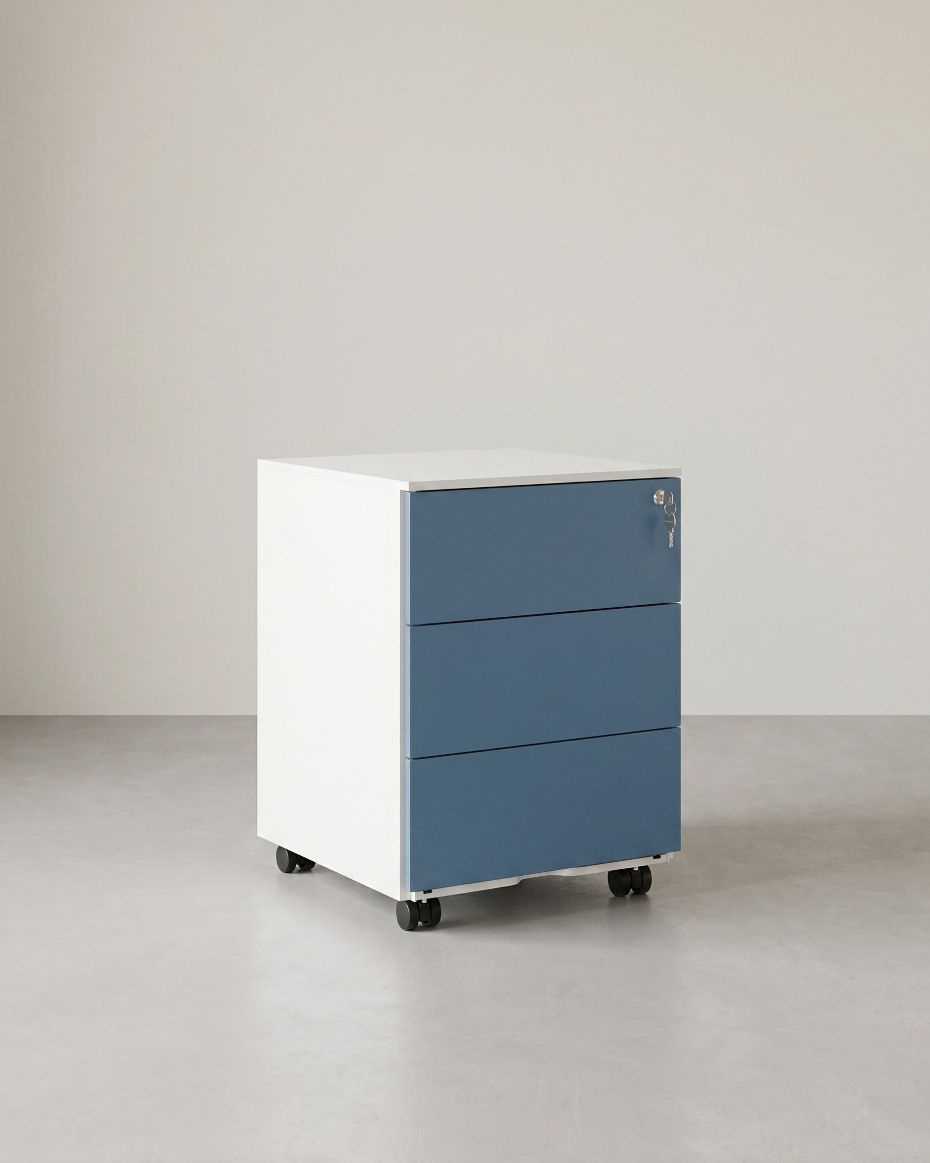 Metallschubladenschrank mit 3 Schubladen – Kompakter Büroschrank auf Rollen – Robustes und sicheres Design – Weiß + Blau