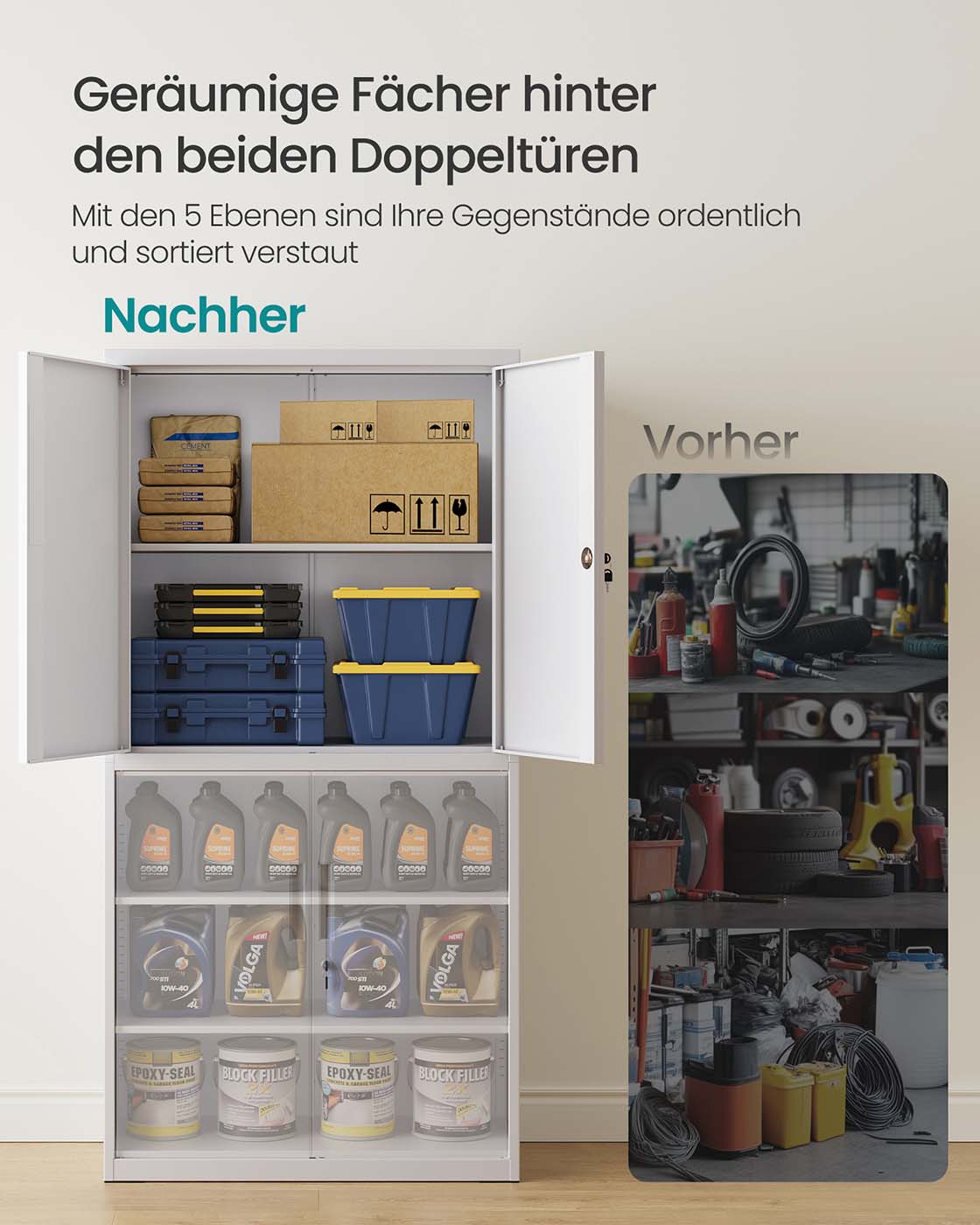Aktenschrank aus Metall – 180 cm hoch – 5 Ebenen mit Türen – verstellbare Böden & Schloss – Tragkraft bis 125 kg