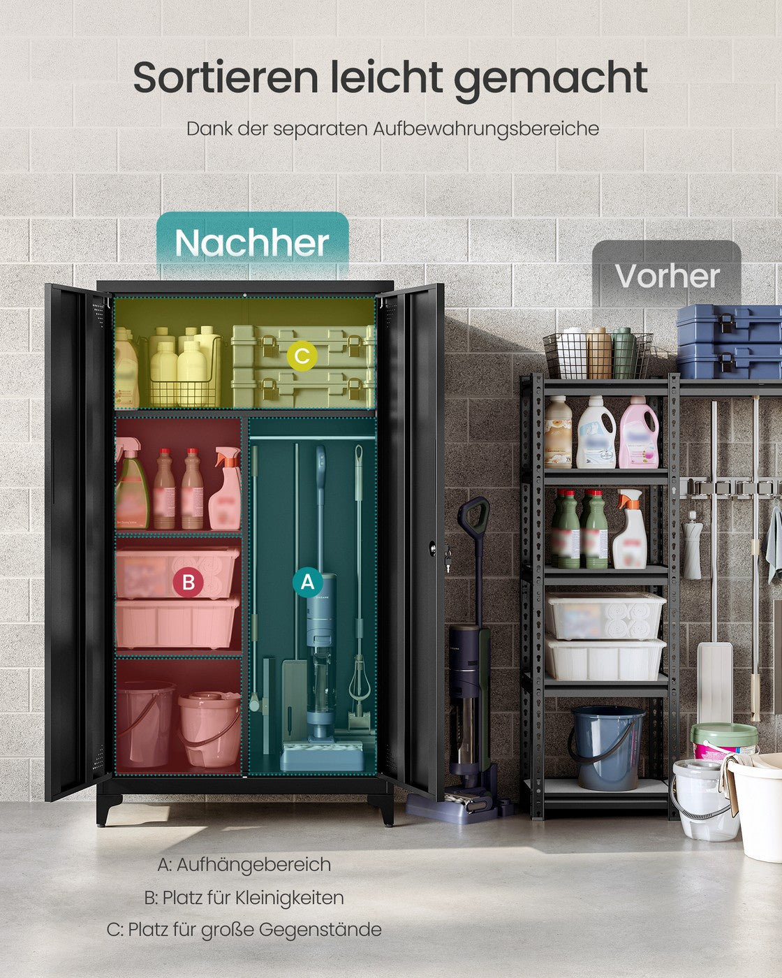 Stahlschrank – Mit Kleiderstange und Regalböden – Abschließbar – Multifunktionaler Schrank