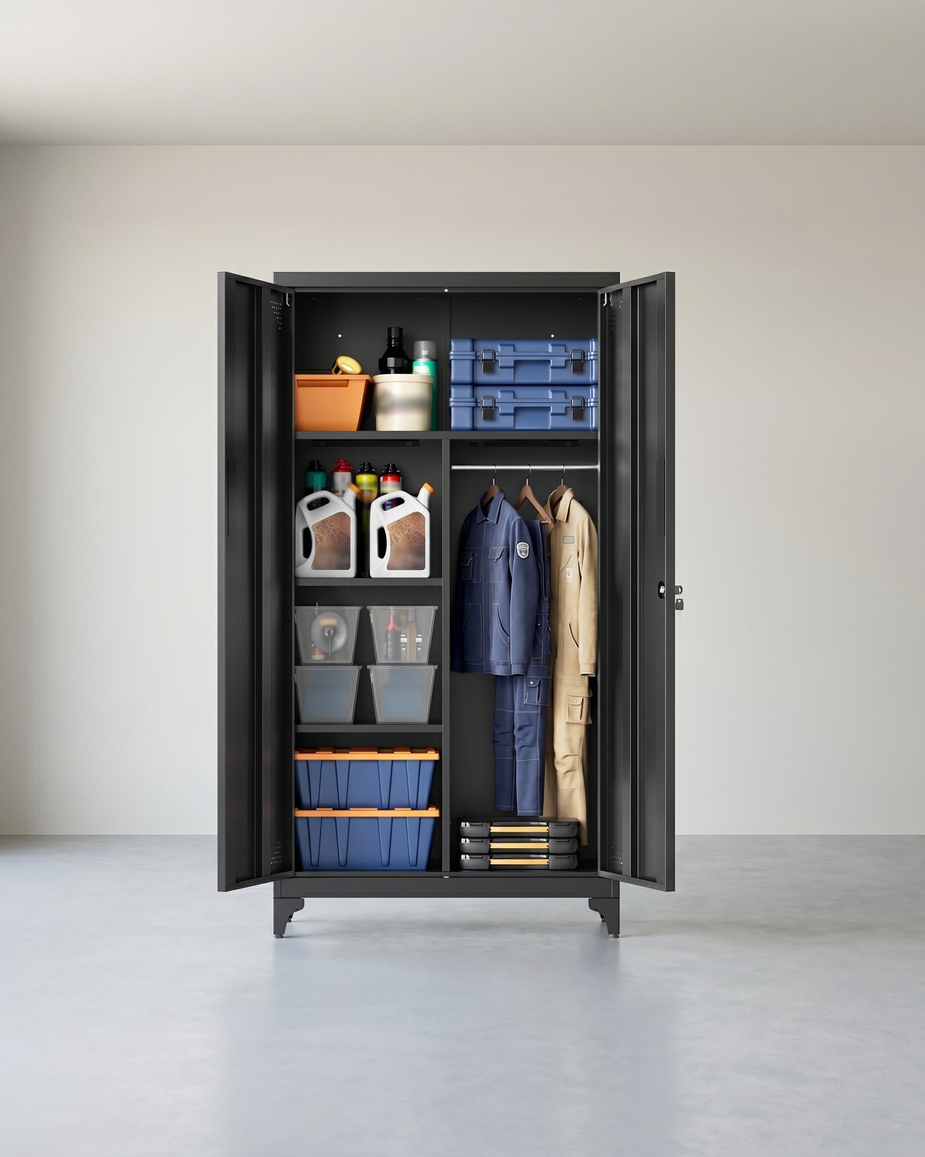 Stahlschrank – Mit Kleiderstange und Regalböden – Abschließbar – Multifunktionaler Schrank – Schwarz