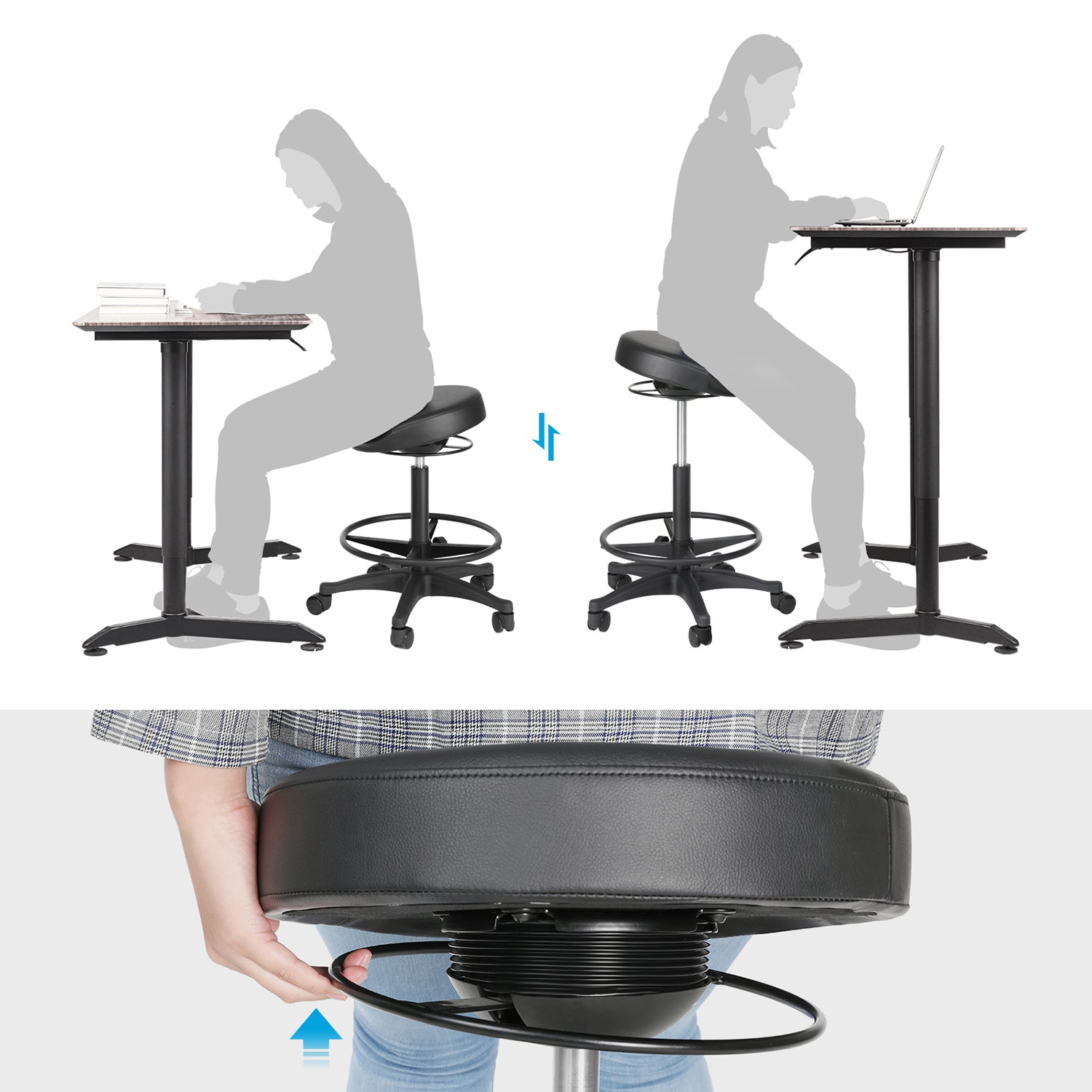 Bürohocker auf Rollen – Verstellbar – 360° Drehbar – Mit Fußstütze – Schwarz – Bequemer Arbeitshocker bis 110 kg