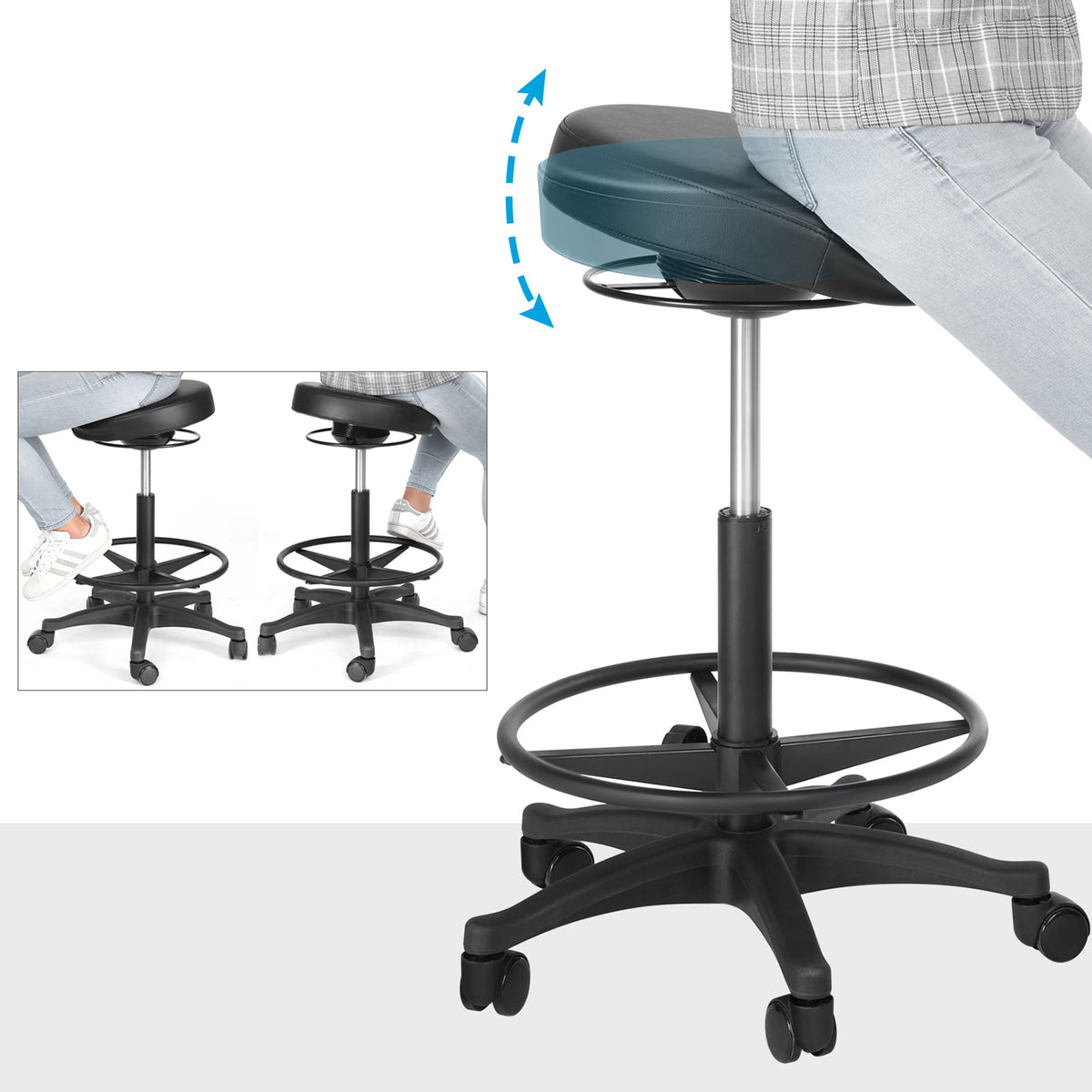 Bürohocker auf Rollen – Verstellbar – 360° Drehbar – Mit Fußstütze – Schwarz – Bequemer Arbeitshocker bis 110 kg