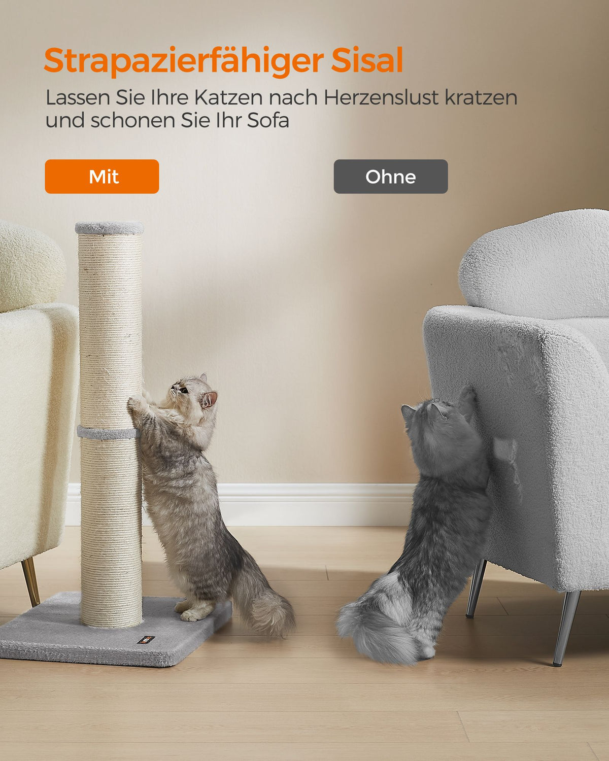 Katzenkratzbaum – 85 cm hoch – Extra dicker Sisalstamm – Stabiler Standfuß – Mit Spielball