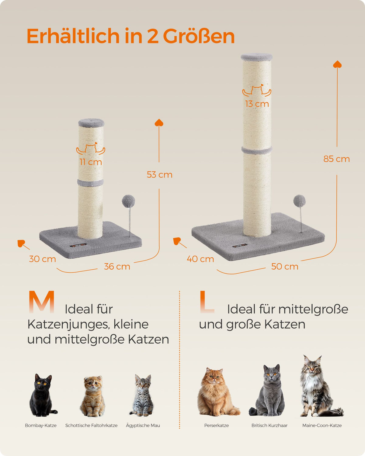 Katzenkratzbaum – 85 cm hoch – Extra dicker Sisalstamm – Stabiler Standfuß – Mit Spielball