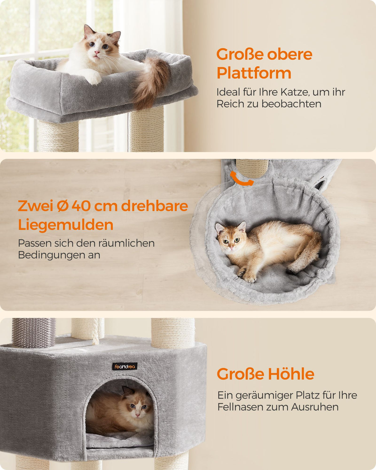 Kratzbaum – Selbstwärmende Decken – Für große Katzen – 2 Katzenbürsten – 9 Stangen Ø 11,1 cm – Große Plattformen – Höhle – 50 x 50 x 160 cm – Max. Belastung 105 kg – Geeignet für bis zu 5 Katzen