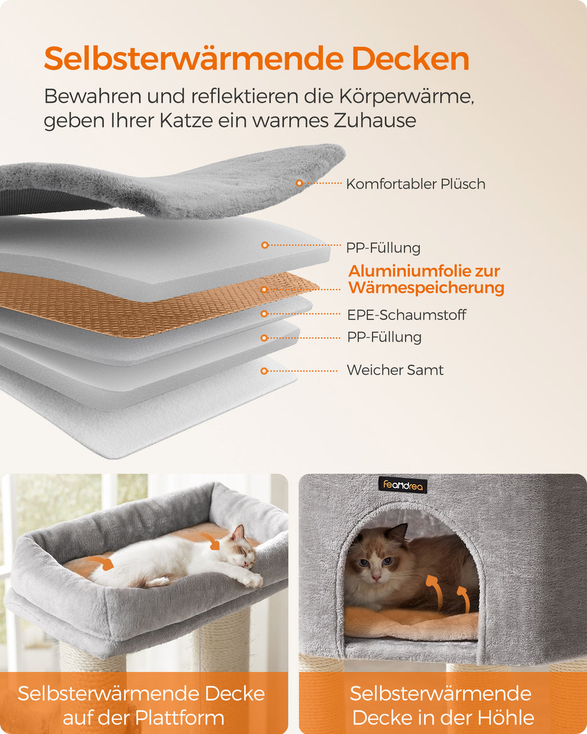 Kratzbaum – Selbstwärmende Decken – Für große Katzen – 2 Katzenbürsten – 9 Stangen Ø 11,1 cm – Große Plattformen – Höhle – 50 x 50 x 160 cm – Max. Belastung 105 kg – Geeignet für bis zu 5 Katzen