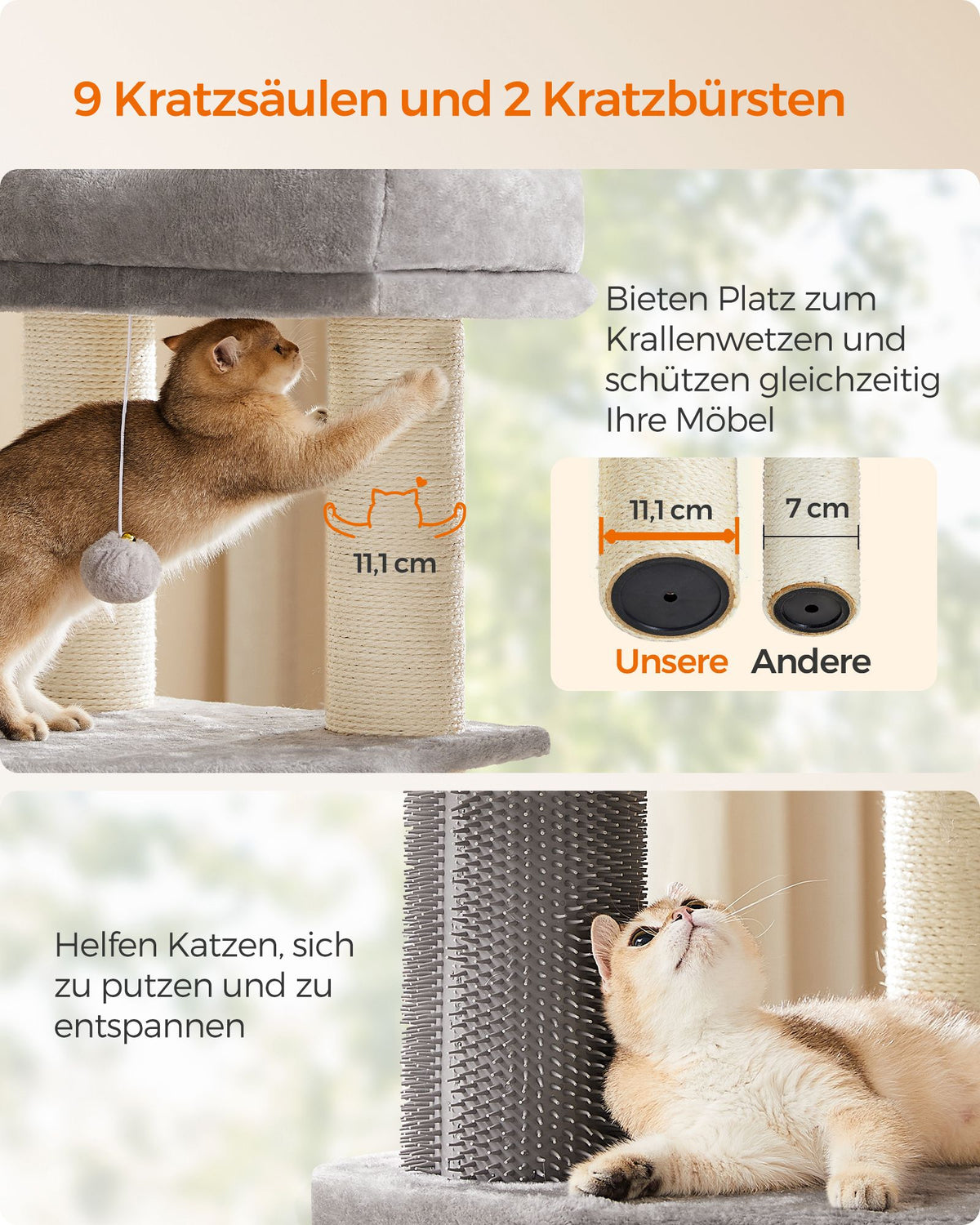 Kratzbaum – Selbstwärmende Decken – Für große Katzen – 2 Katzenbürsten – 9 Stangen Ø 11,1 cm – Große Plattformen – Höhle – 50 x 50 x 160 cm – Max. Belastung 105 kg – Geeignet für bis zu 5 Katzen
