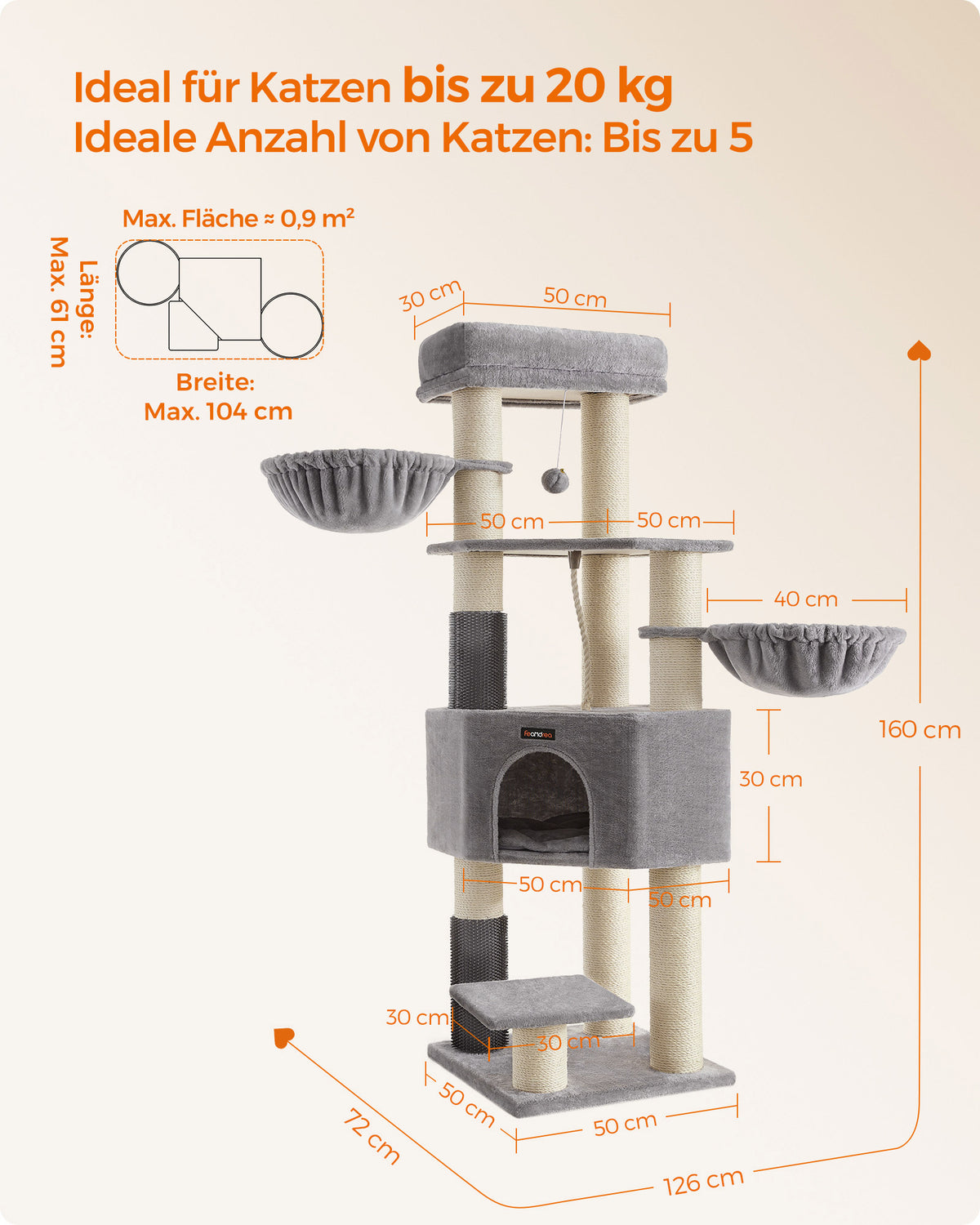 Kratzbaum – Selbstwärmende Decken – Für große Katzen – 2 Katzenbürsten – 9 Stangen Ø 11,1 cm – Große Plattformen – Höhle – 50 x 50 x 160 cm – Max. Belastung 105 kg – Geeignet für bis zu 5 Katzen