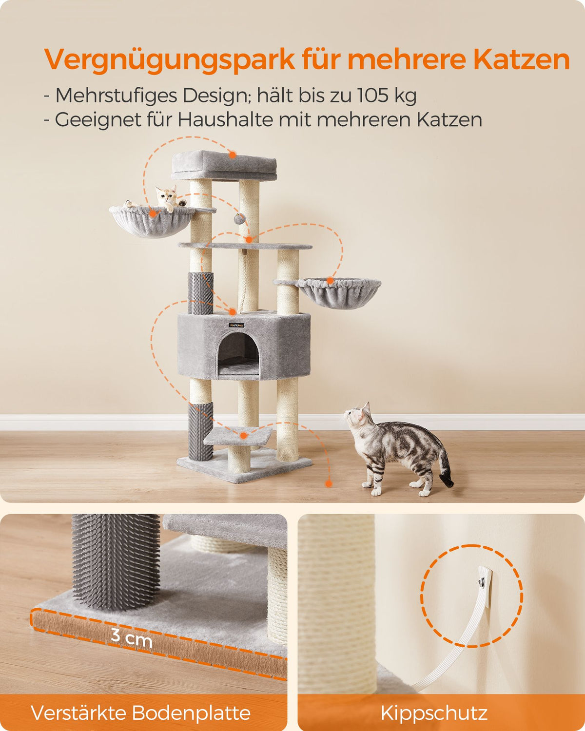 Kratzbaum – Selbstwärmende Decken – Für große Katzen – 2 Katzenbürsten – 9 Stangen Ø 11,1 cm – Große Plattformen – Höhle – 50 x 50 x 160 cm – Max. Belastung 105 kg – Geeignet für bis zu 5 Katzen