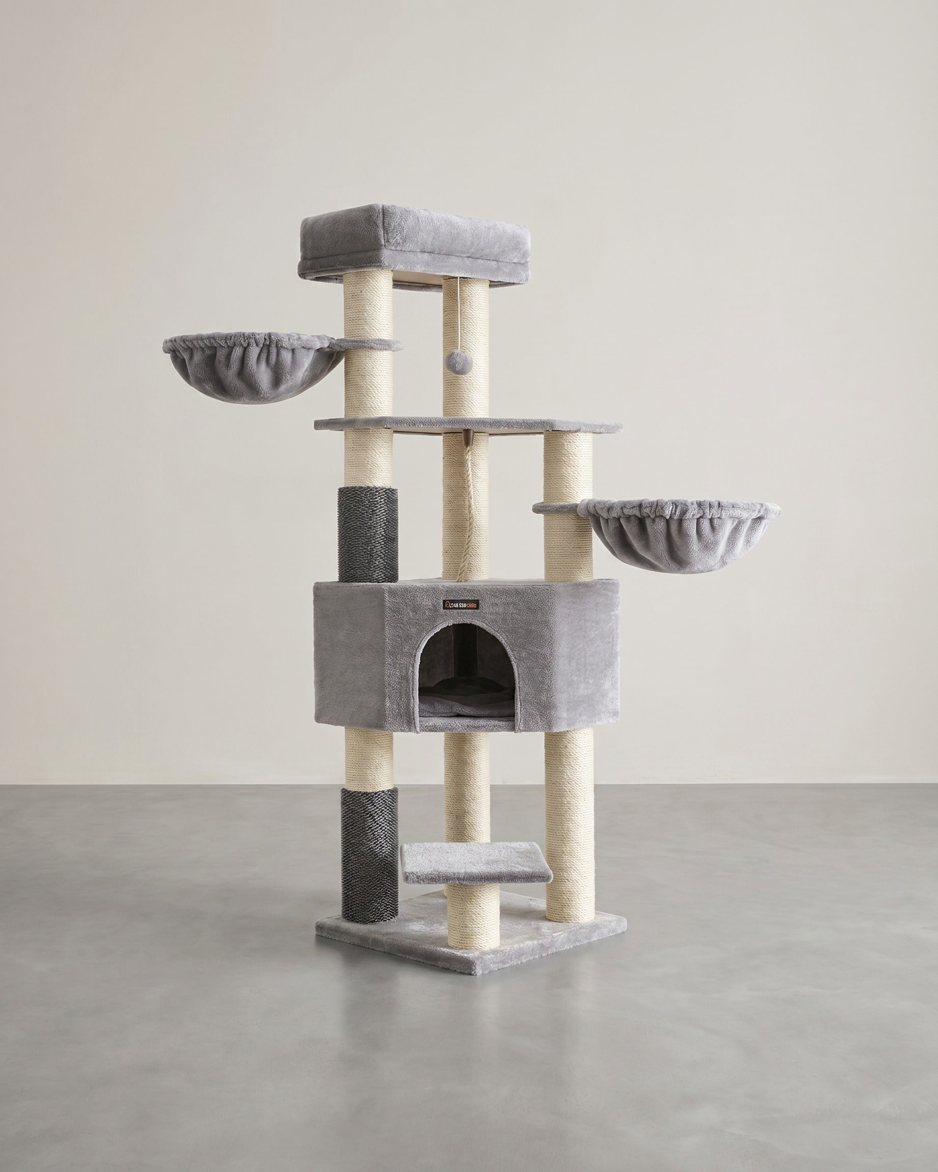 Kratzbaum – Selbstwärmende Decken – Für große Katzen – 2 Katzenbürsten – 9 Stangen Ø 11,1 cm – Große Plattformen – Höhle – 50 x 50 x 160 cm – Max. Belastung 105 kg – Geeignet für bis zu 5 Katzen
