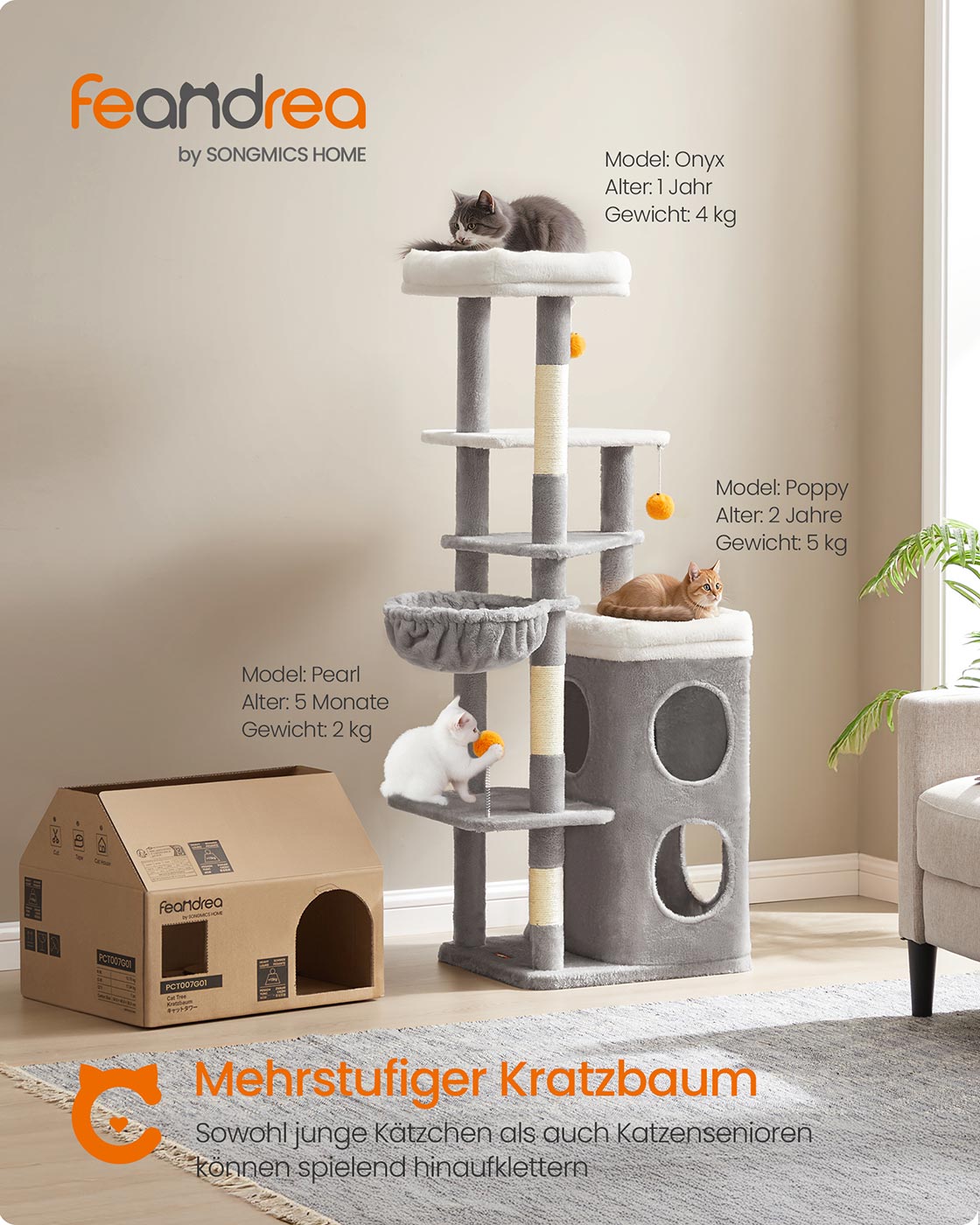 Kratzbaum mit Zwei Katzenhöhlen – 152 cm – Taubengrau – Für mehrere Katzen