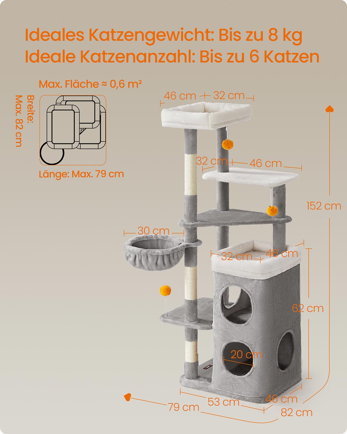 Kratzbaum mit Zwei Katzenhöhlen – 152 cm – Taubengrau – Für mehrere Katzen